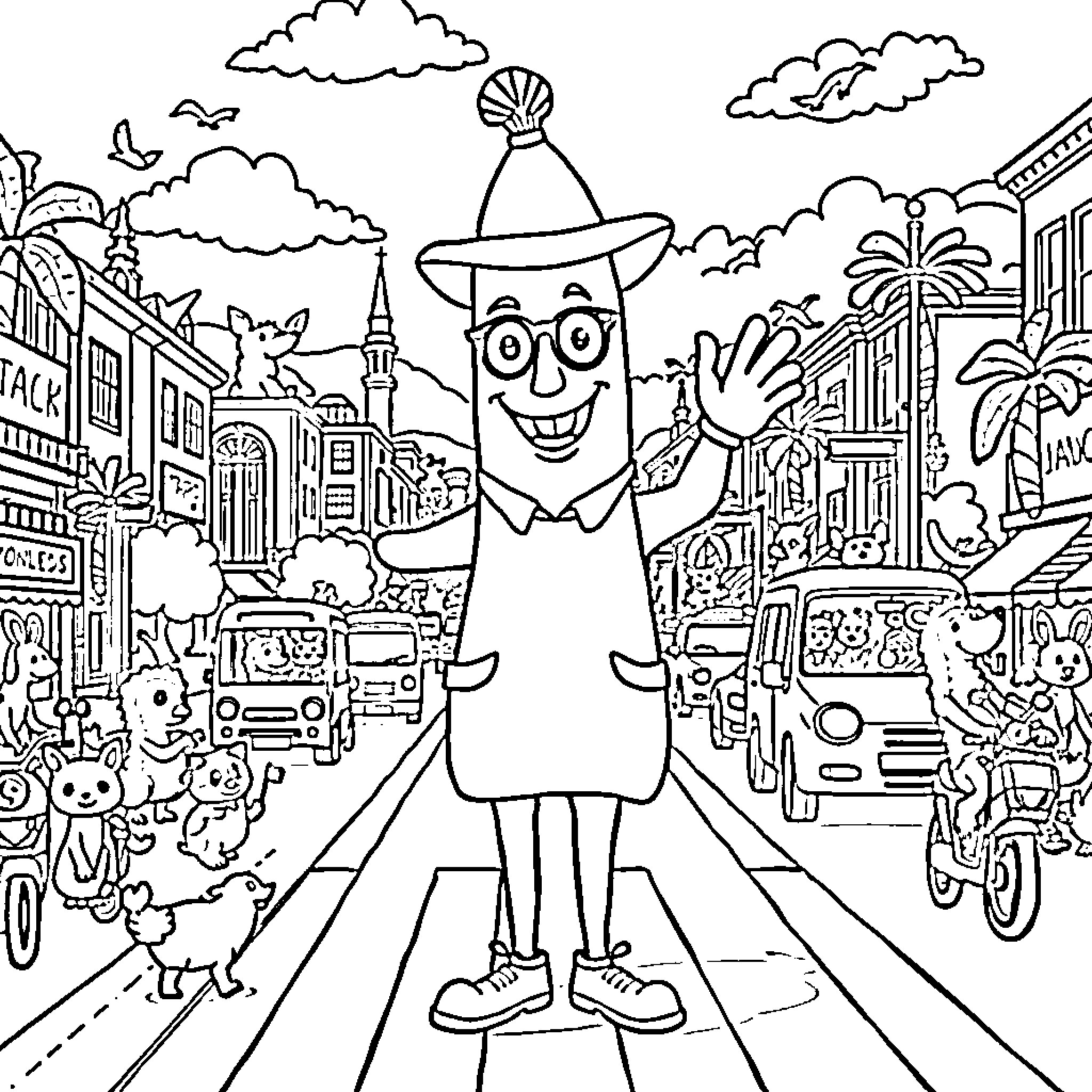 Banana Man waves joyfully in a lively town scene Coloring Page (free black-and-white line drawing printable PDF for all, from beginners to advanced learners, including children, teens, adults, and seniors)