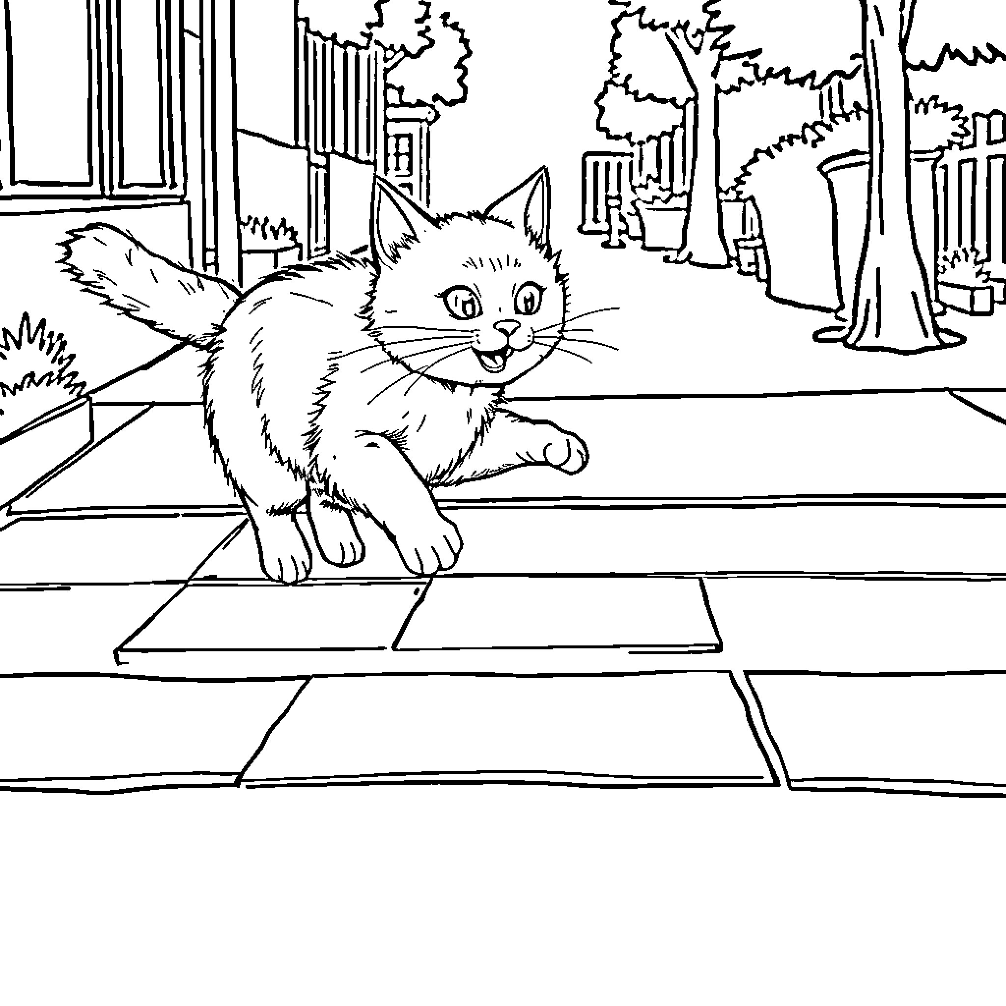 Cat exploring a street scene Coloring Page (free black-and-white line drawing printable PDF for all, from beginners to advanced learners, including children, teens, adults, and seniors)