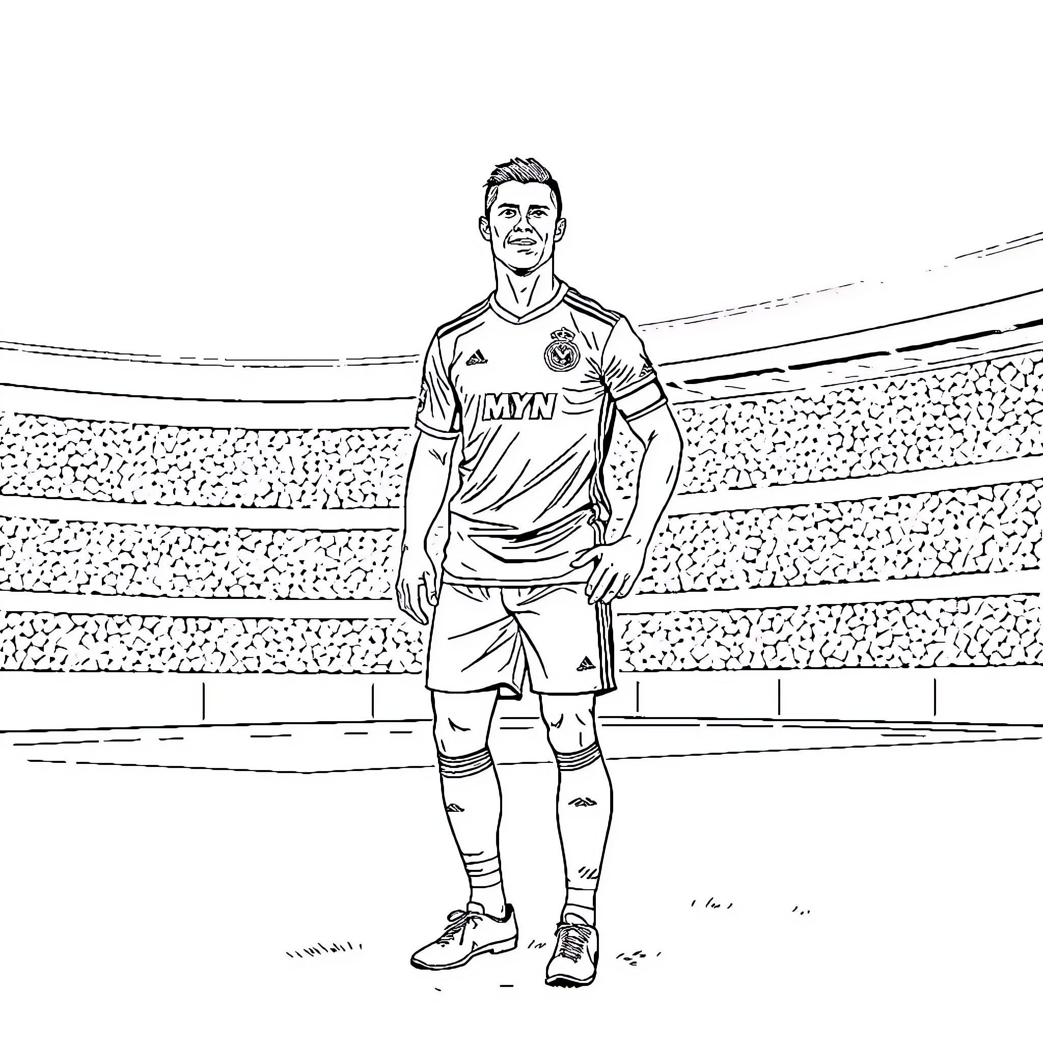 Cristiano Ronaldo in Soccer Uniform on Field Coloring Page (free black-and-white line drawing printable PDF for all, from beginners to advanced learners, including children, teens, adults, and seniors)