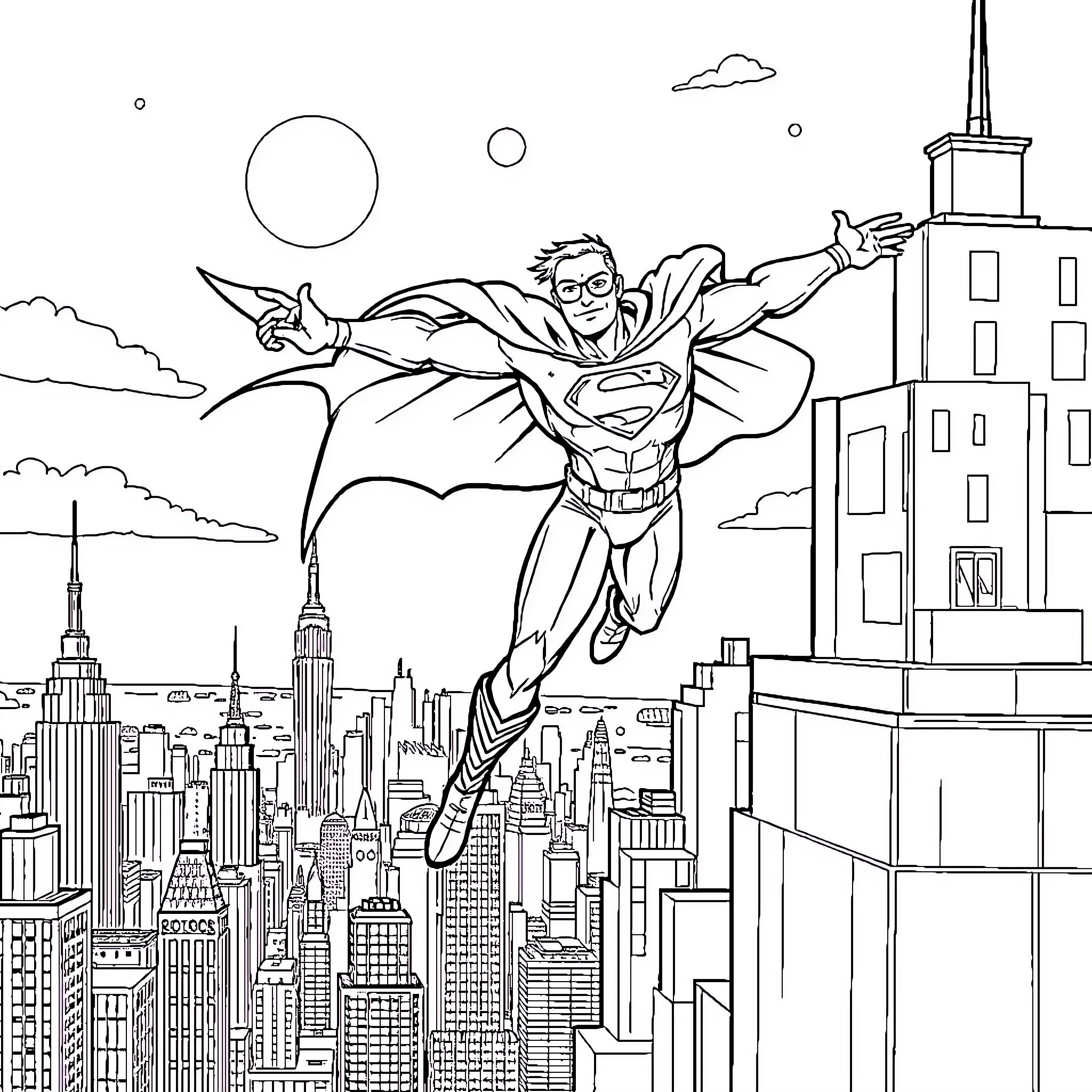 Super Hero Flying Over Cityscape with Confidence Coloring Page (free black-and-white line drawing printable PDF for all, from beginners to advanced learners, including children, teens, adults, and seniors)