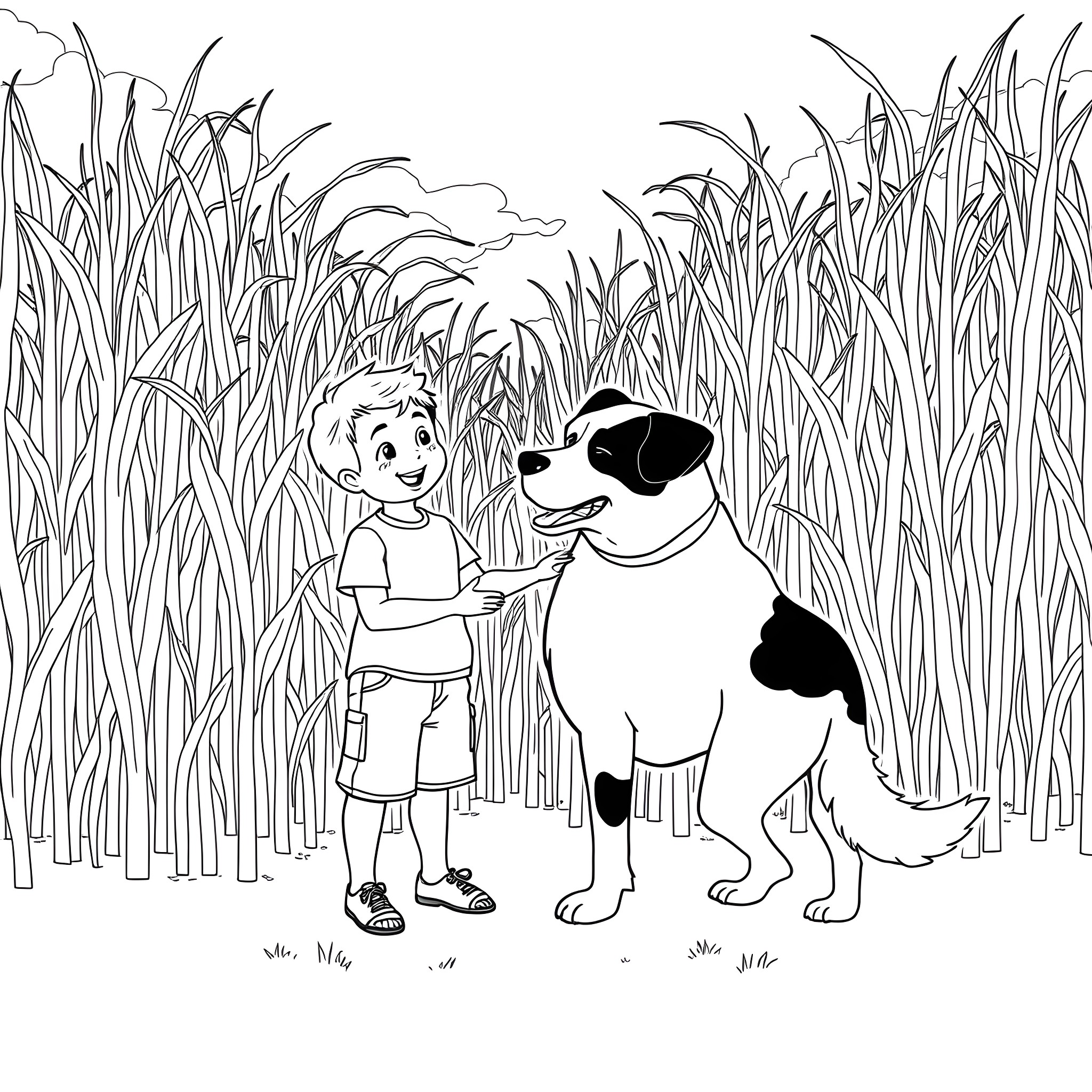 Boy and his dog in the grassy field Coloring Page (free black-and-white line drawing printable PDF for all, from beginners to advanced learners, including children, teens, adults, and seniors)