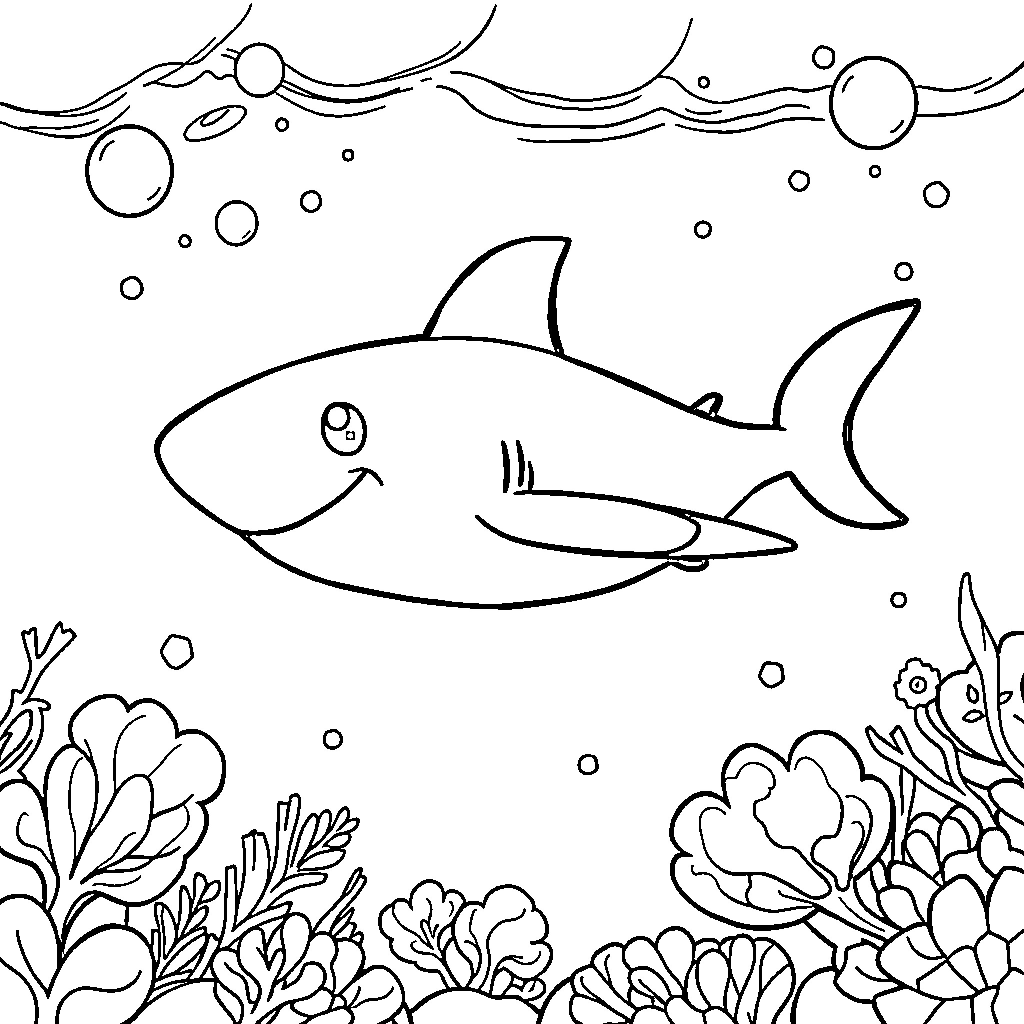 Shark swimming through the underwater world Coloring Page (free black-and-white line drawing printable PDF for all, from beginners to advanced learners, including children, teens, adults, and seniors)