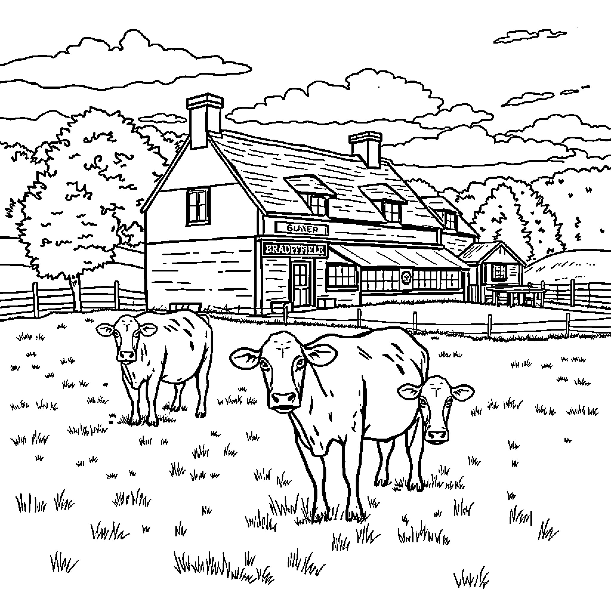 Cow farm with traditional country house Coloring Page (free black-and-white line drawing printable PDF for all, from beginners to advanced learners, including children, teens, adults, and seniors)
