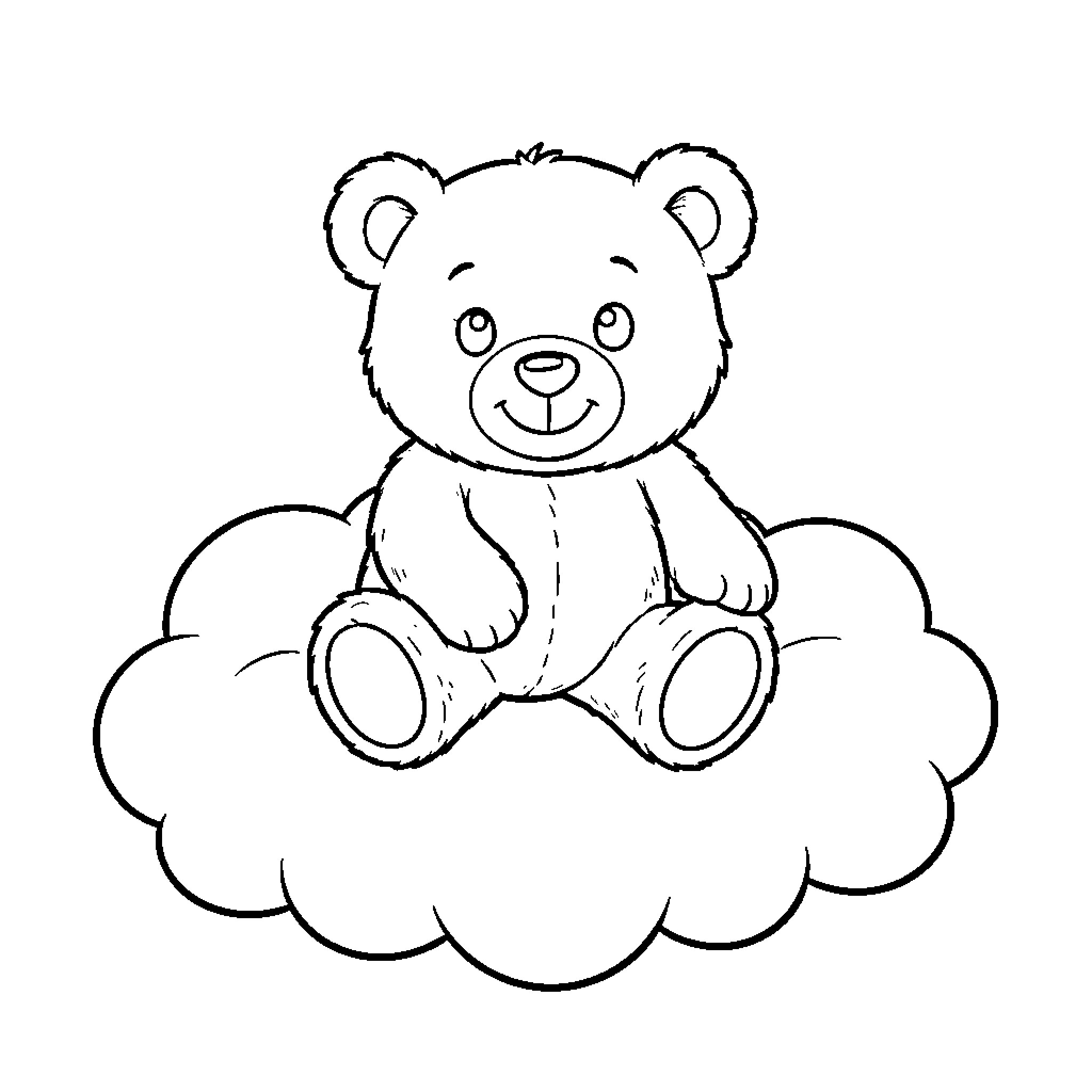 Teddy Bear sitting happily on a fluffy cloud Coloring Page (free black-and-white line drawing printable PDF for all, from beginners to advanced learners, including children, teens, adults, and seniors)