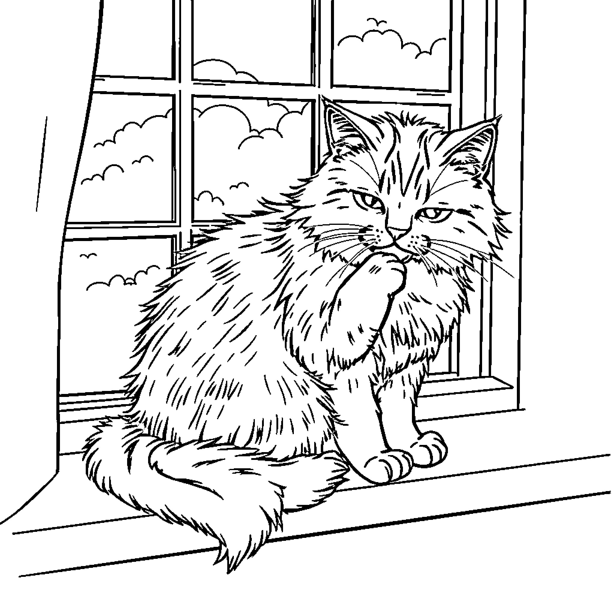 Cat gazing out window at cloudy sky Coloring Page (free black-and-white line drawing printable PDF for all, from beginners to advanced learners, including children, teens, adults, and seniors)