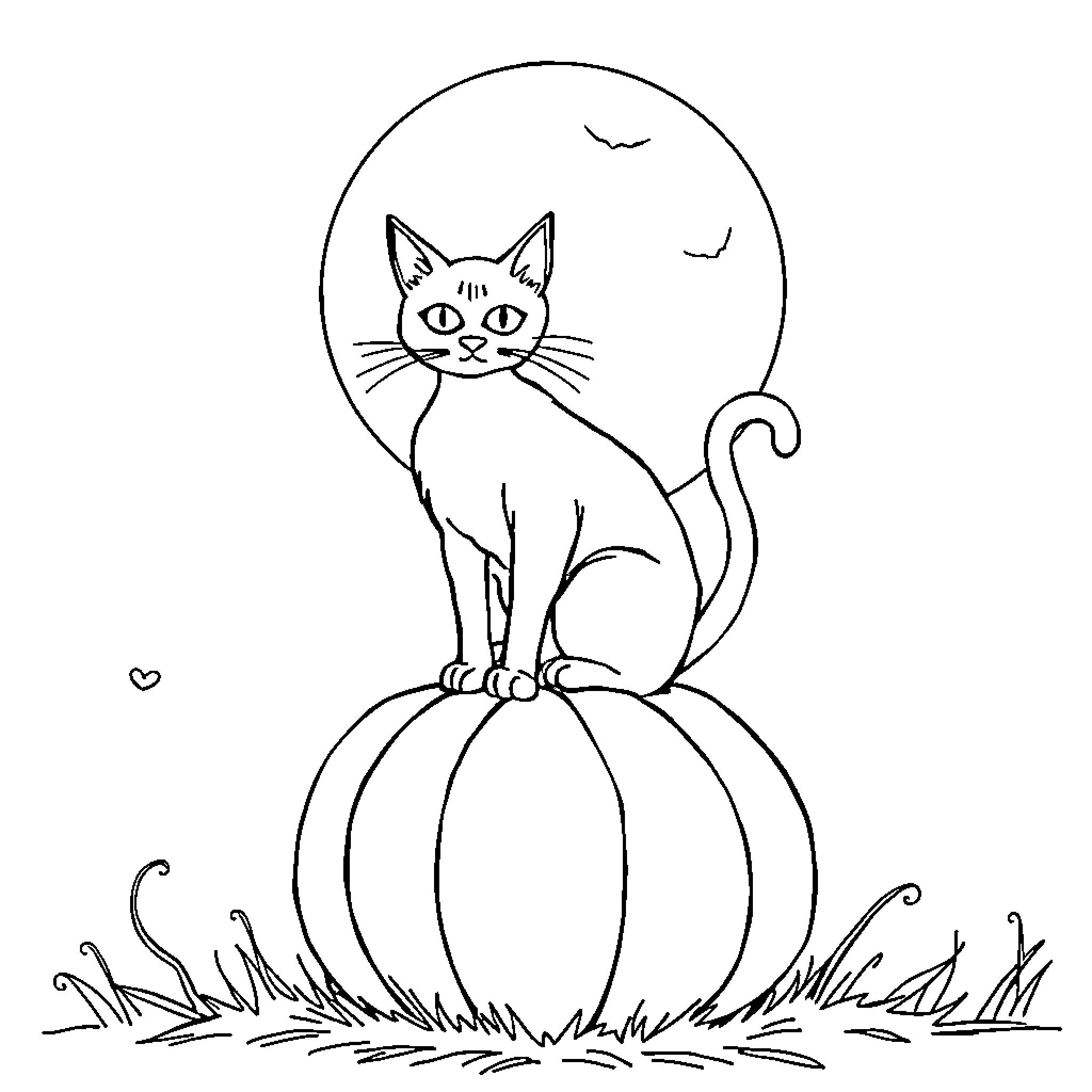 Cat sitting on a pumpkin under the moon Coloring Page (free black-and-white line drawing printable PDF for all, from beginners to advanced learners, including children, teens, adults, and seniors)