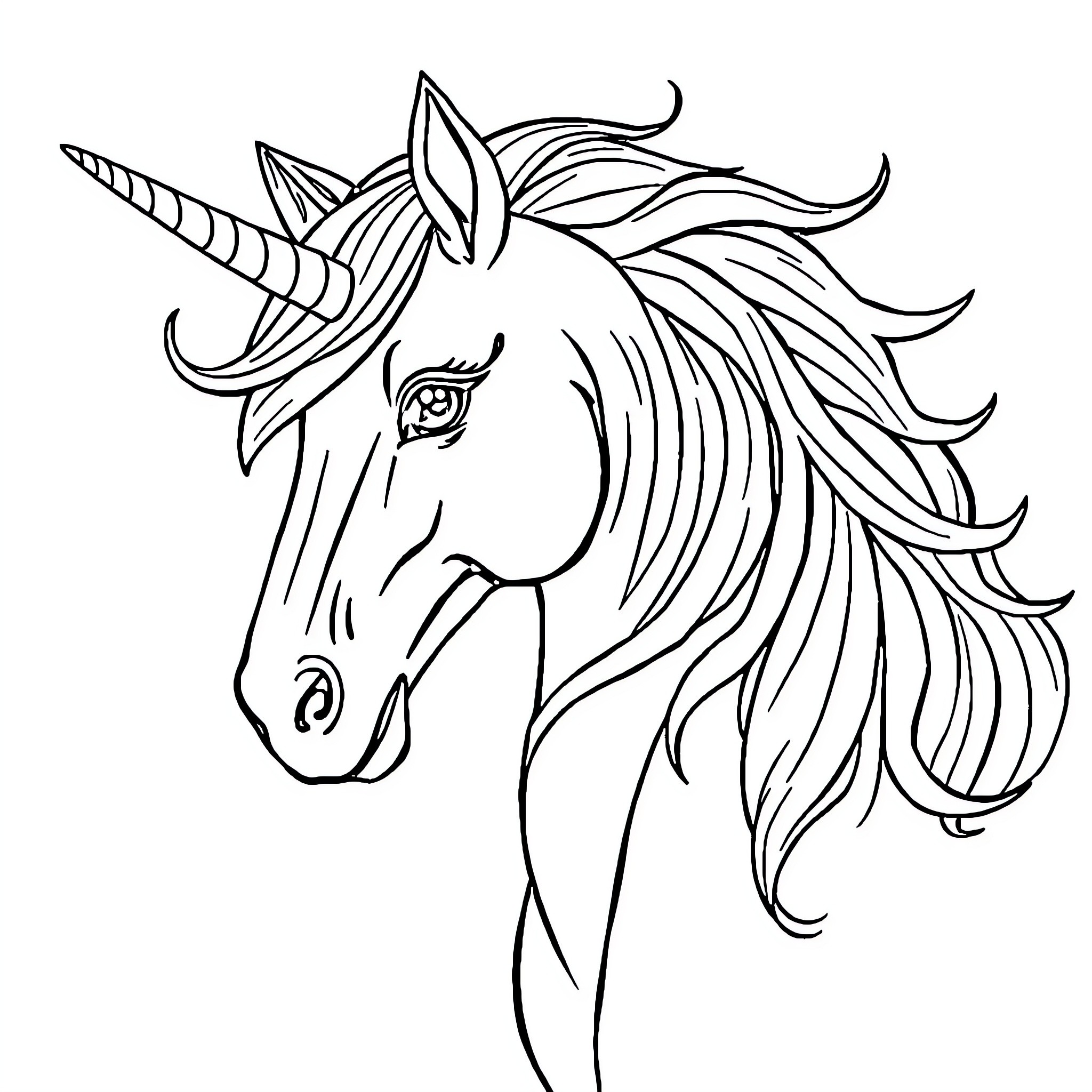 Unicorn with Flowing Mane and Horn Coloring Page (free black-and-white line drawing printable PDF for all, from beginners to advanced learners, including children, teens, adults, and seniors)