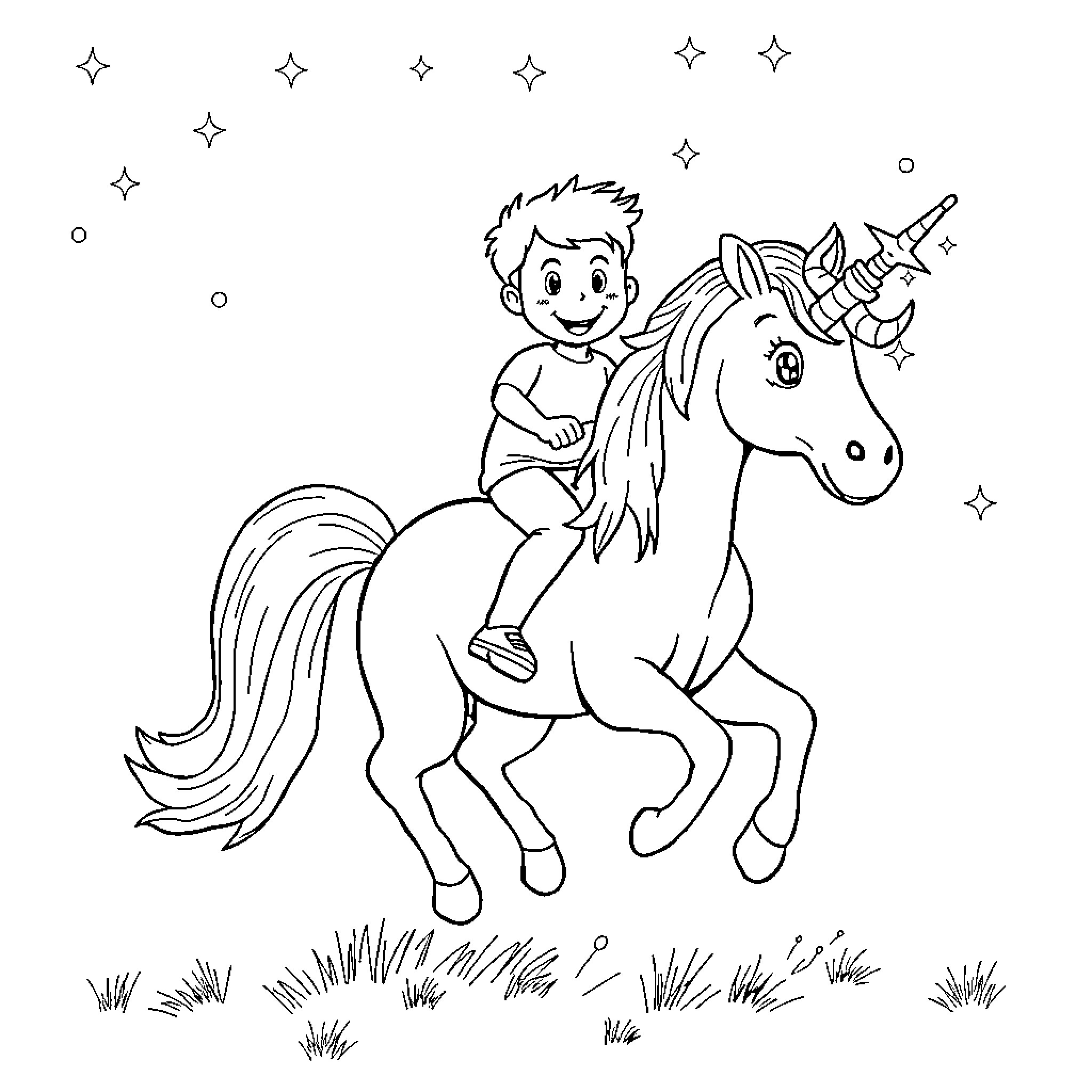 Unicorn Ride with a Joyful Child Coloring Page (free black-and-white line drawing printable PDF for all, from beginners to advanced learners, including children, teens, adults, and seniors)
