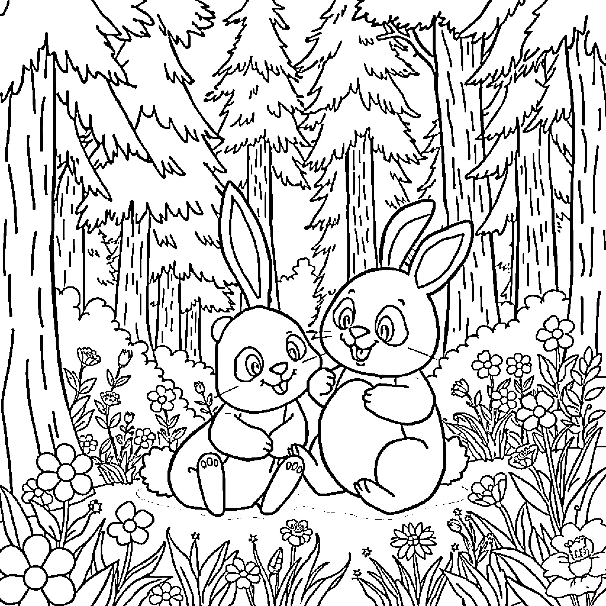 Rabbit companions exploring the forest Coloring Page (free black-and-white line drawing printable PDF for all, from beginners to advanced learners, including children, teens, adults, and seniors)