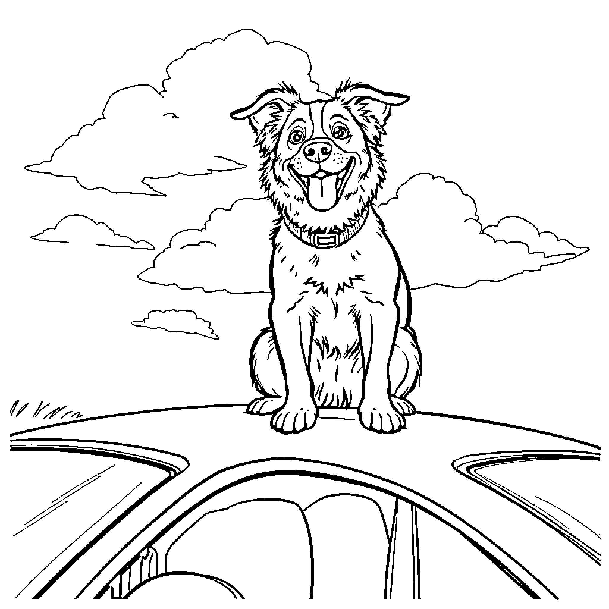 Dog sitting happily on car in scenic landscape Coloring Page (free black-and-white line drawing printable PDF for all, from beginners to advanced learners, including children, teens, adults, and seniors)
