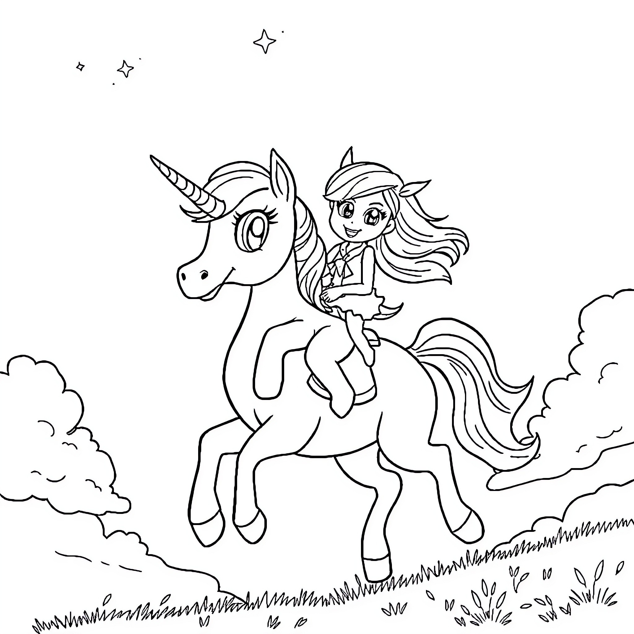 Bluey riding a magical unicorn in a fantasy scene Coloring Page (free black-and-white line drawing printable PDF for all, from beginners to advanced learners, including children, teens, adults, and seniors)
