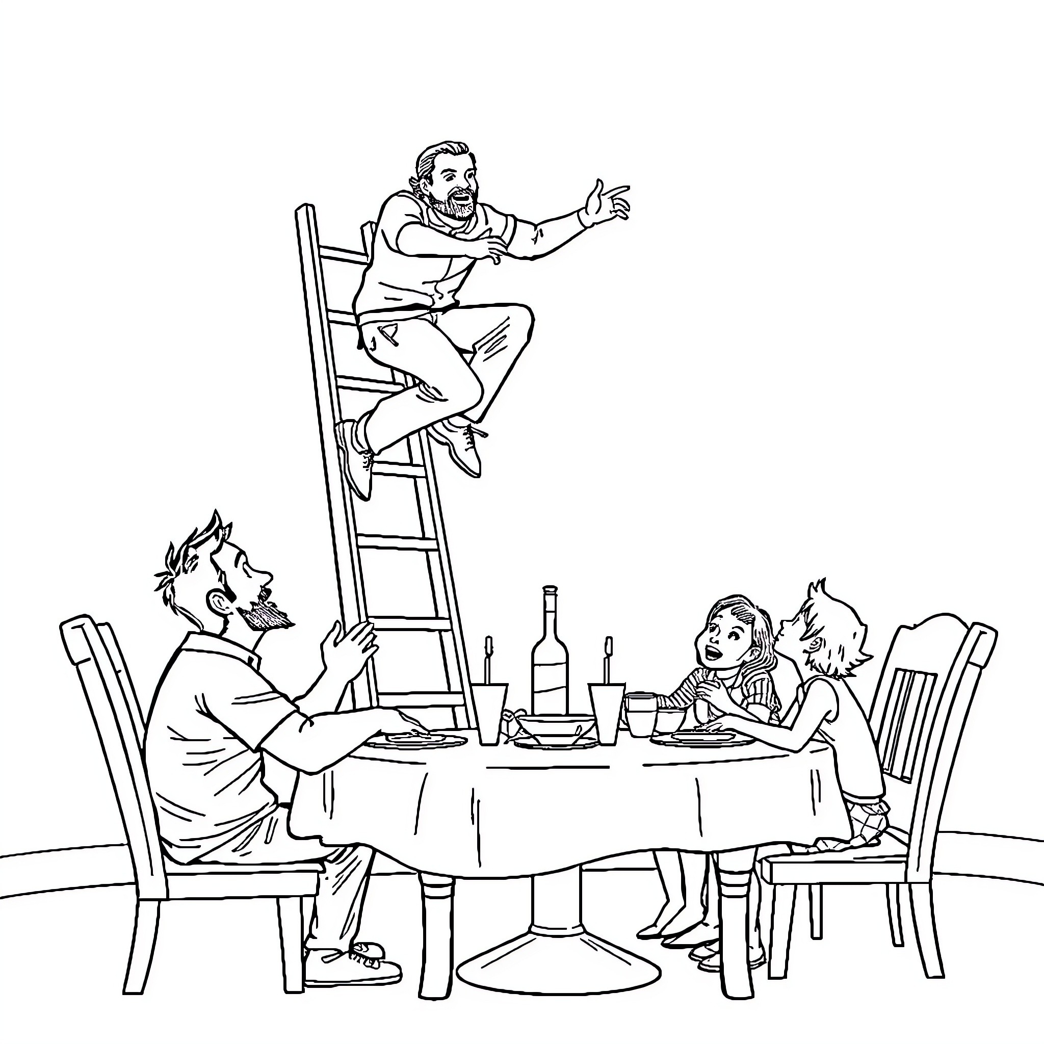 Jeff Hardy performing acrobatic stunt during family gathering Coloring Page (free black-and-white line drawing printable PDF for all, from beginners to advanced learners, including children, teens, adults, and seniors)