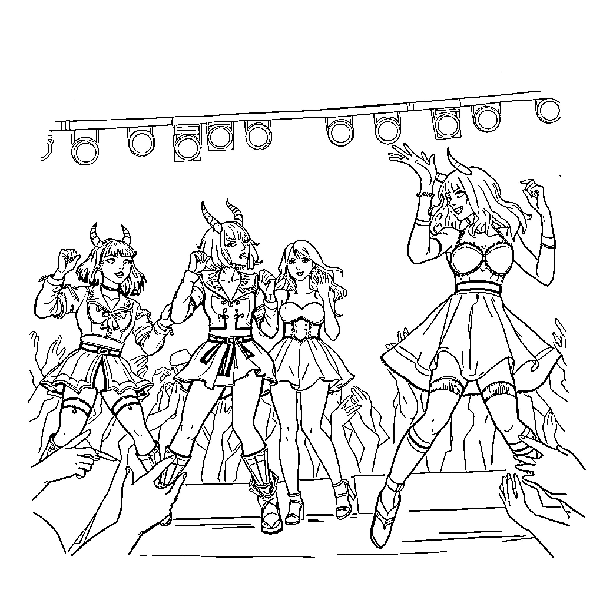 Kpop Group Performing on Stage with Enthusiasm Coloring Page (free black-and-white line drawing printable PDF for all, from beginners to advanced learners, including children, teens, adults, and seniors)