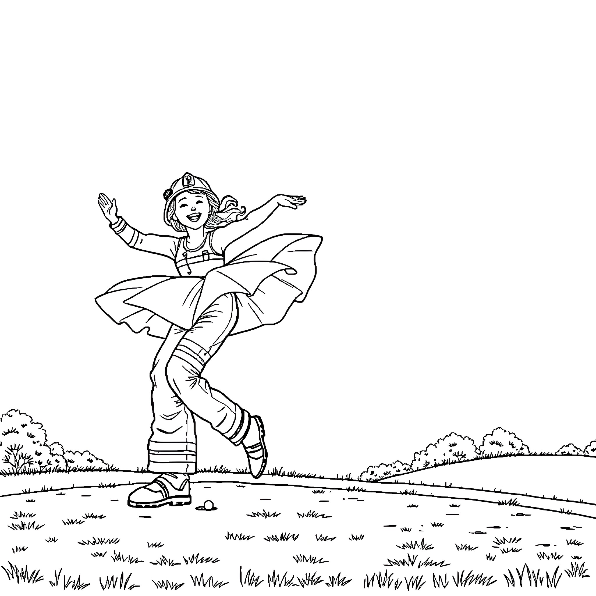 Firefighter happily dancing in the park Coloring Page (free black-and-white line drawing printable PDF for all, from beginners to advanced learners, including children, teens, adults, and seniors)