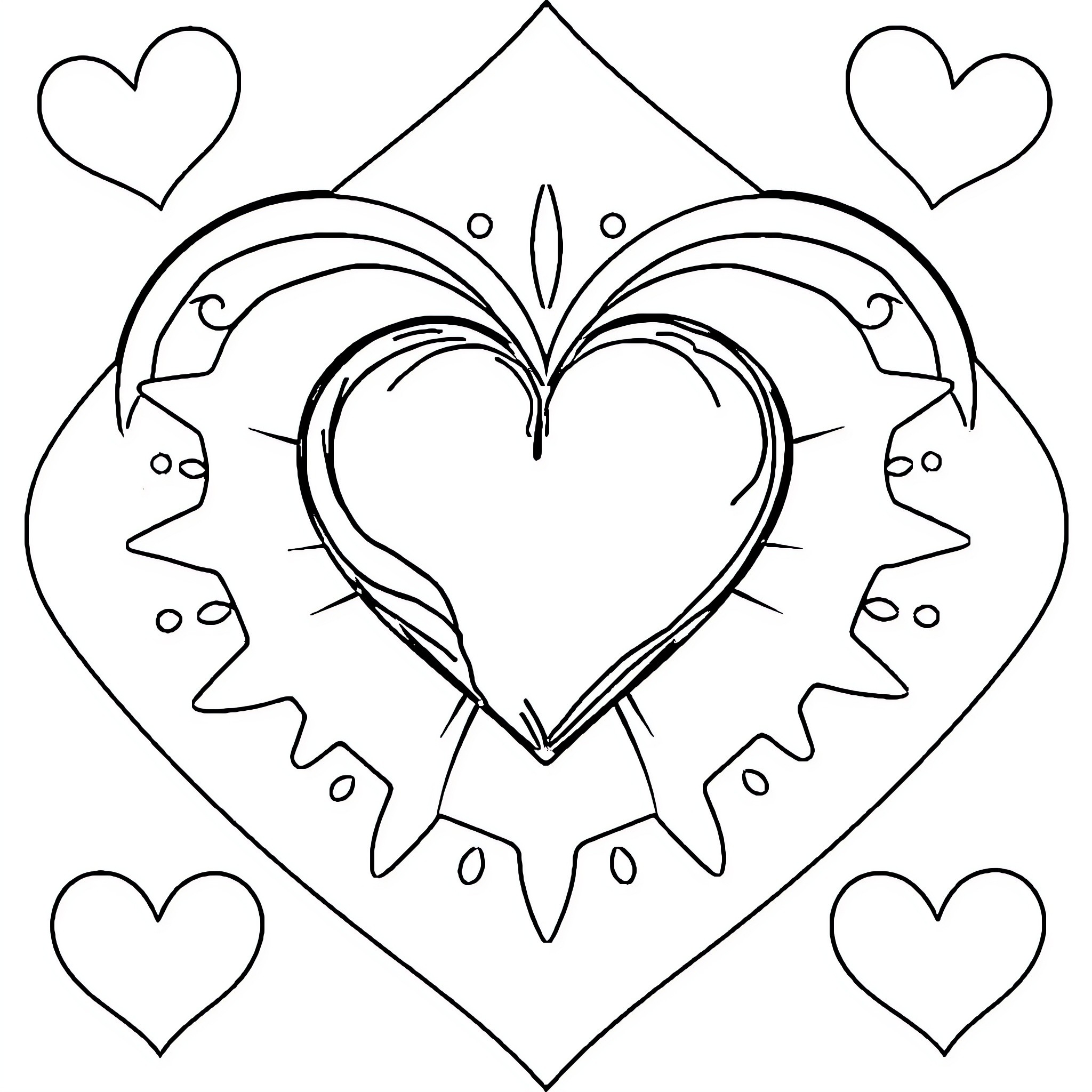 Heart-shaped Ornamental Design with Decorative Elements Coloring Page (free black-and-white line drawing printable PDF for all, from beginners to advanced learners, including children, teens, adults, and seniors)