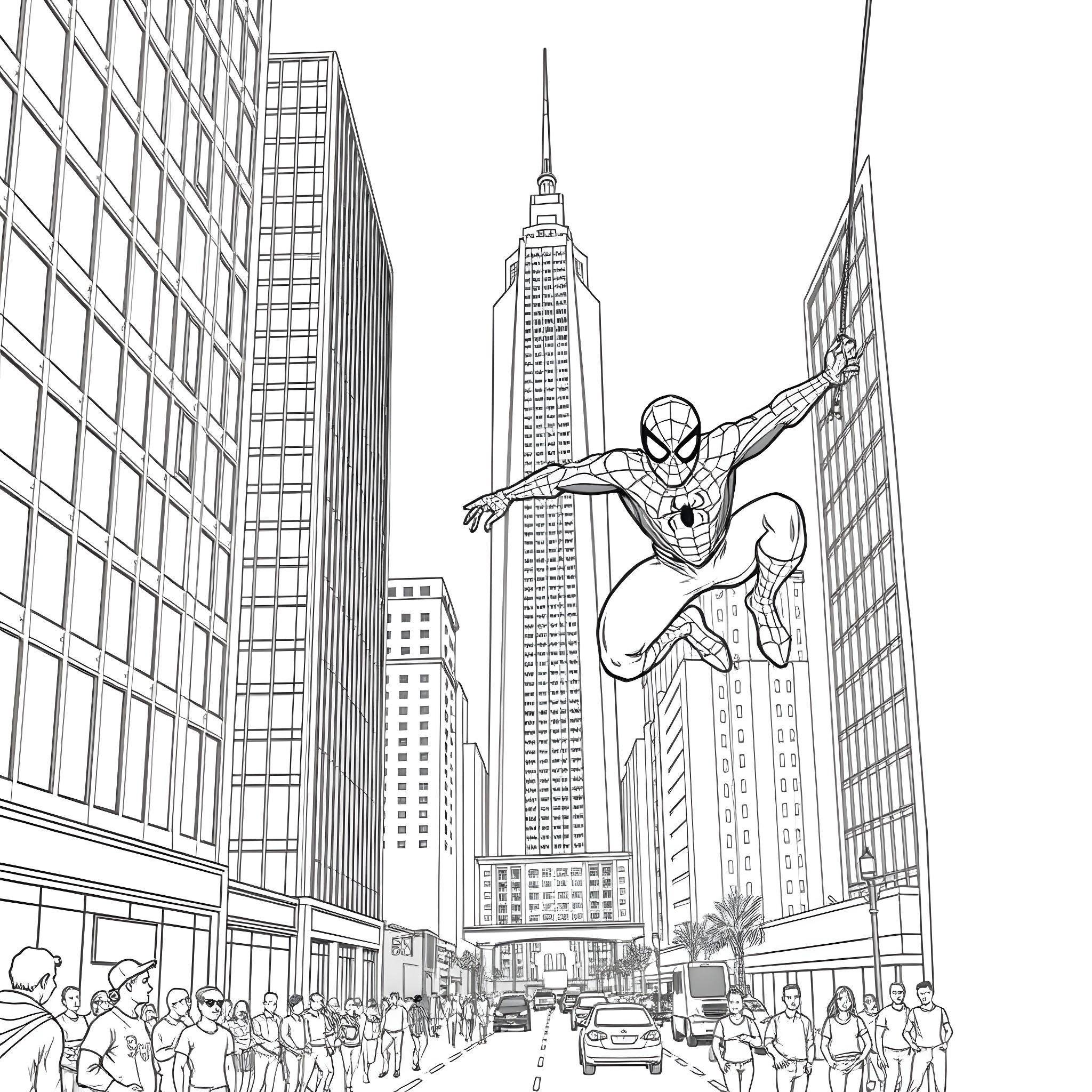 Spider-Man swinging through the city skyline Coloring Page (free black-and-white line drawing printable PDF for all, from beginners to advanced learners, including children, teens, adults, and seniors)