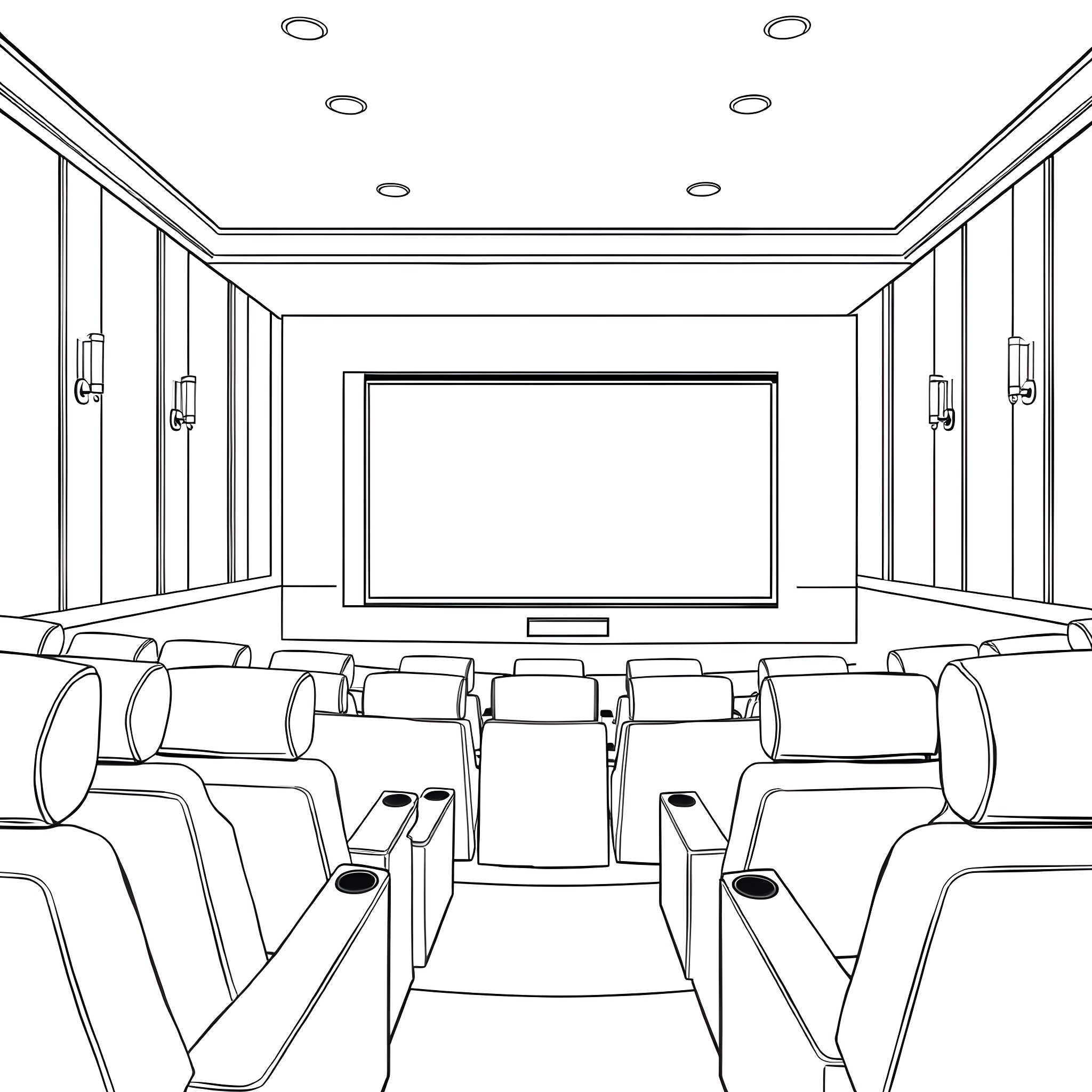 Cinema with screen and seating arrangement Coloring Page (free black-and-white line drawing printable PDF for all, from beginners to advanced learners, including children, teens, adults, and seniors)
