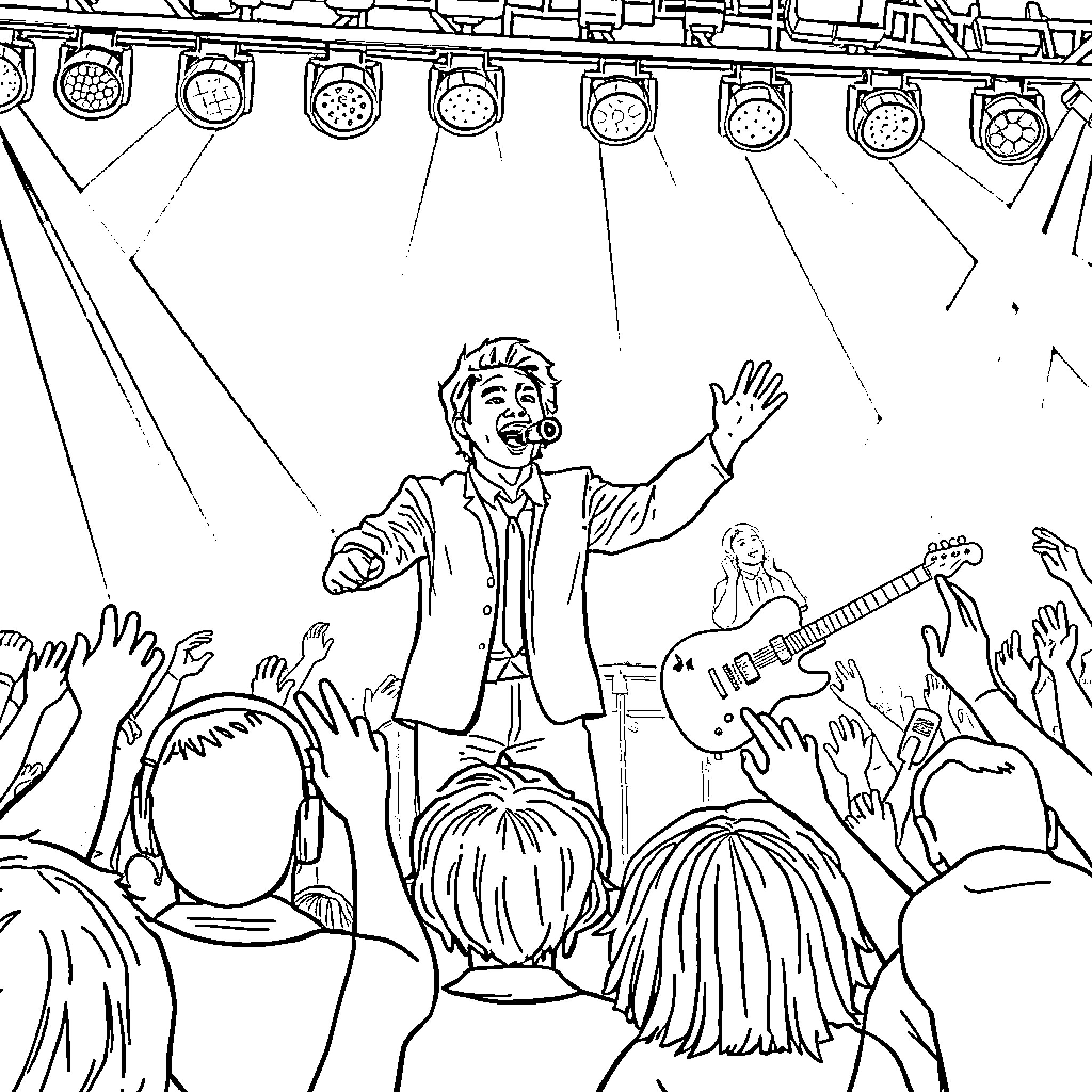 Antoine Dupont performing on stage with band members Coloring Page (free black-and-white line drawing printable PDF for all, from beginners to advanced learners, including children, teens, adults, and seniors)