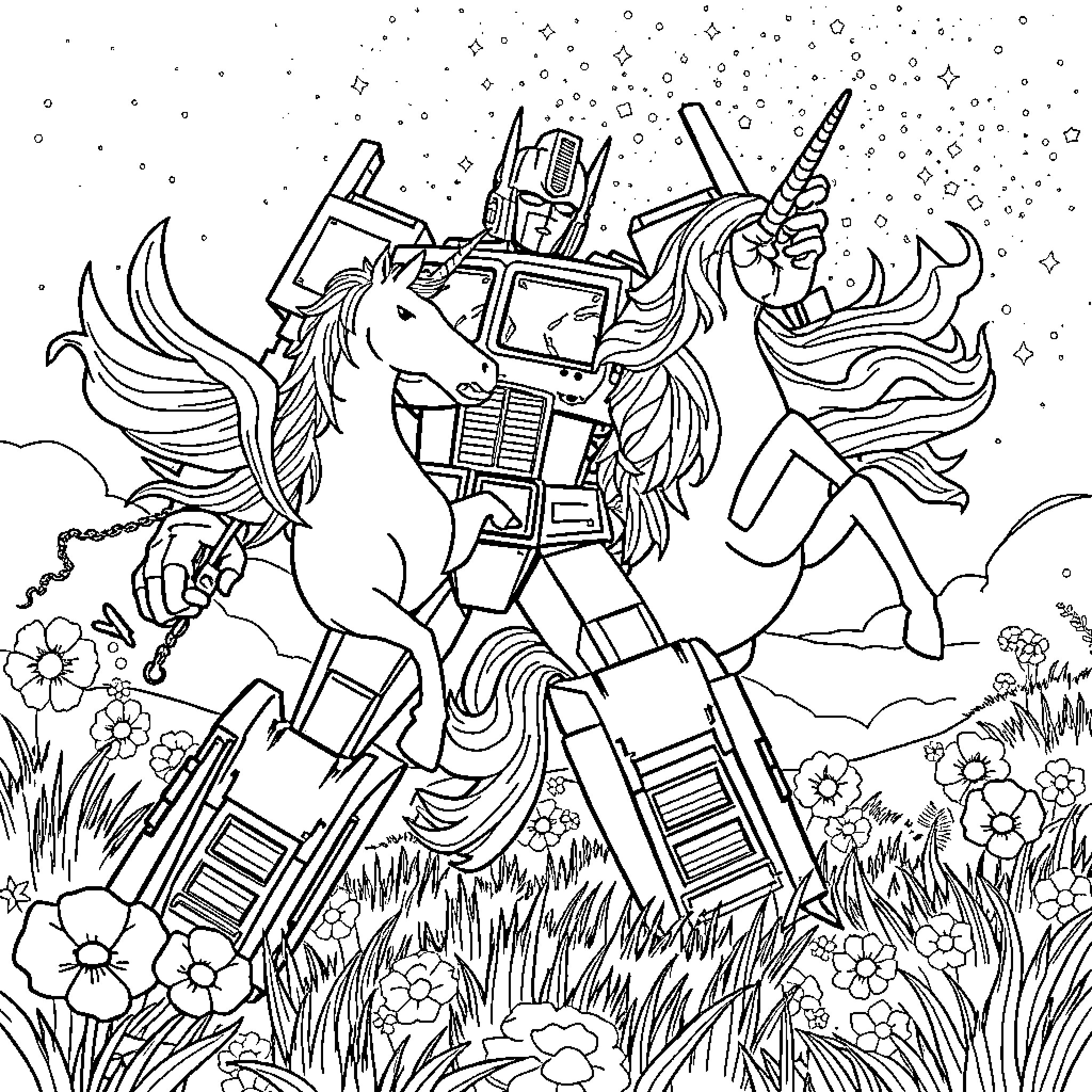 Optimus Prime riding a unicorn through a magical field Coloring Page (free black-and-white line drawing printable PDF for all, from beginners to advanced learners, including children, teens, adults, and seniors)