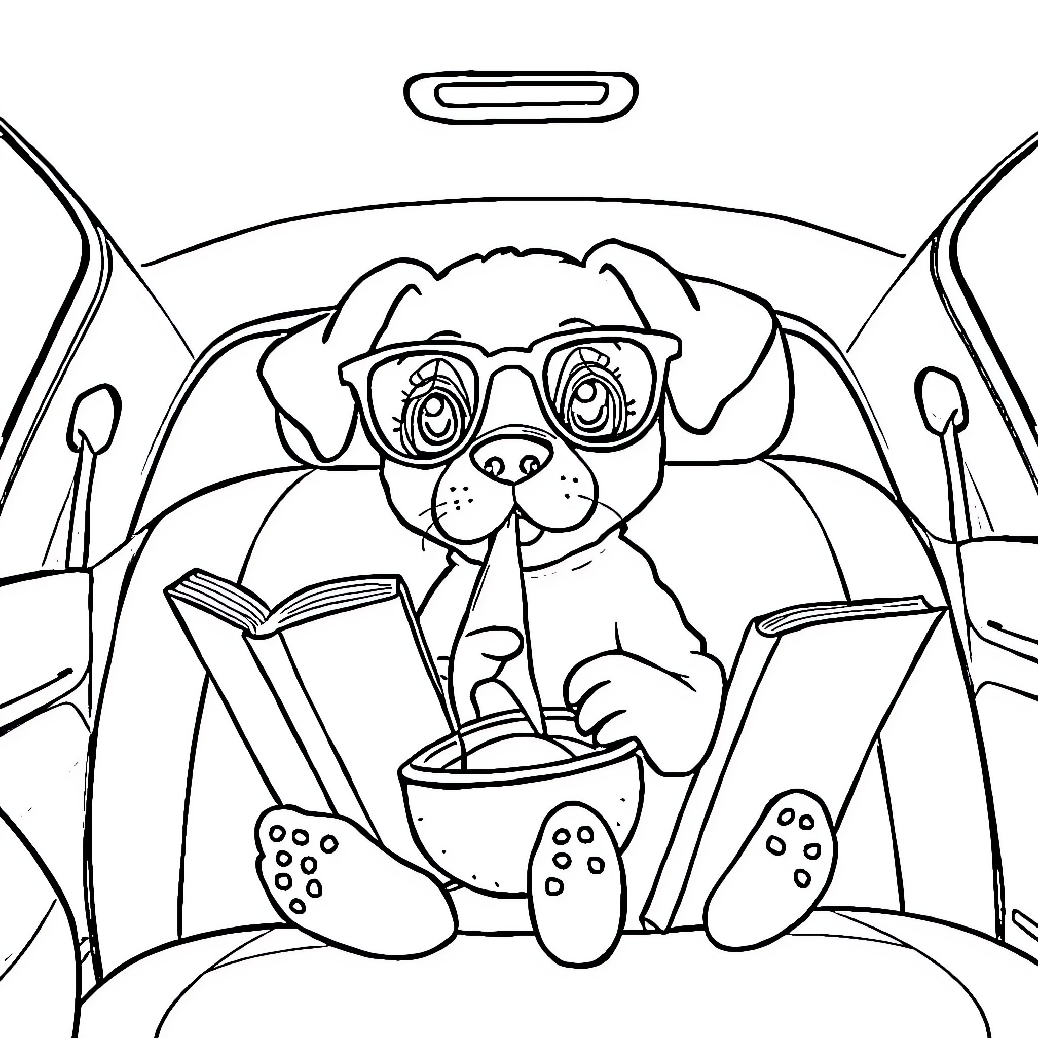 Puppy reading books in car Coloring Page (free black-and-white line drawing printable PDF for all, from beginners to advanced learners, including children, teens, adults, and seniors)