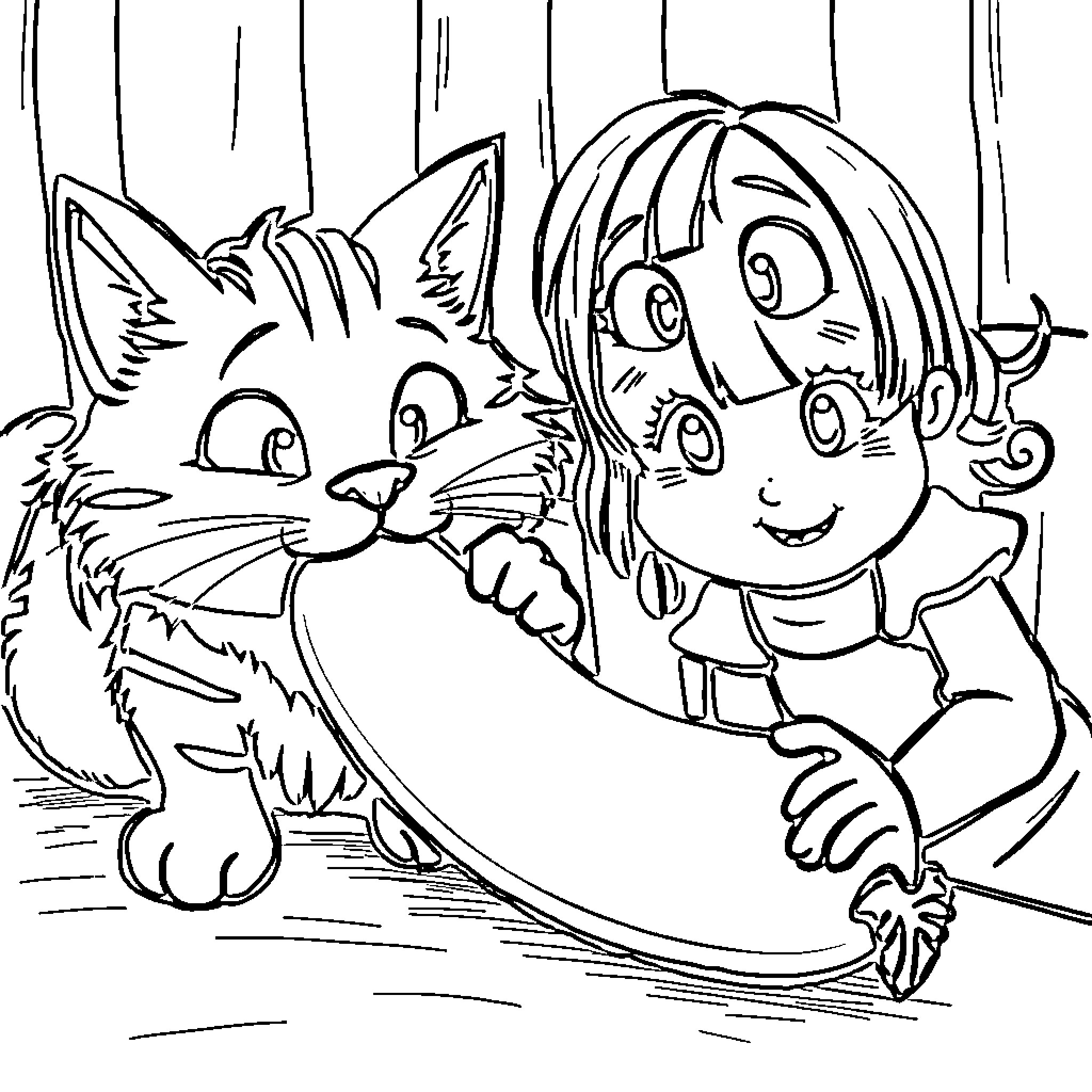 Cat and child playing together Coloring Page (free black-and-white line drawing printable PDF for all, from beginners to advanced learners, including children, teens, adults, and seniors)