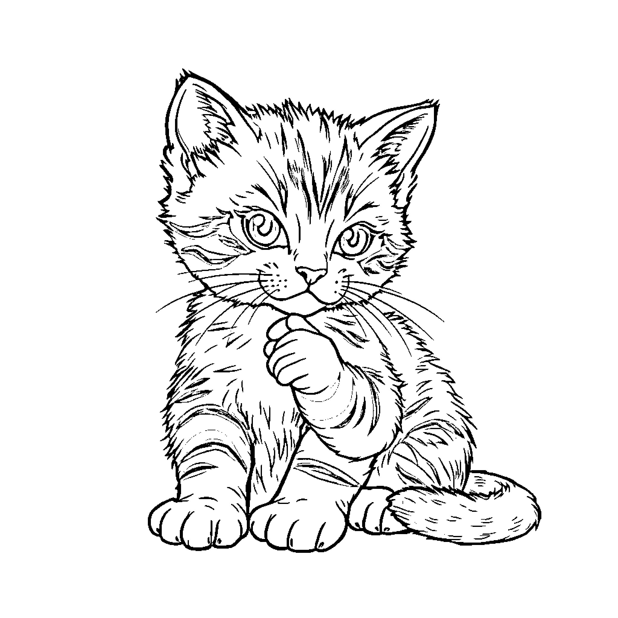 Kitten Contemplating its Next Mischievous Move Coloring Page (free black-and-white line drawing printable PDF for all, from beginners to advanced learners, including children, teens, adults, and seniors)