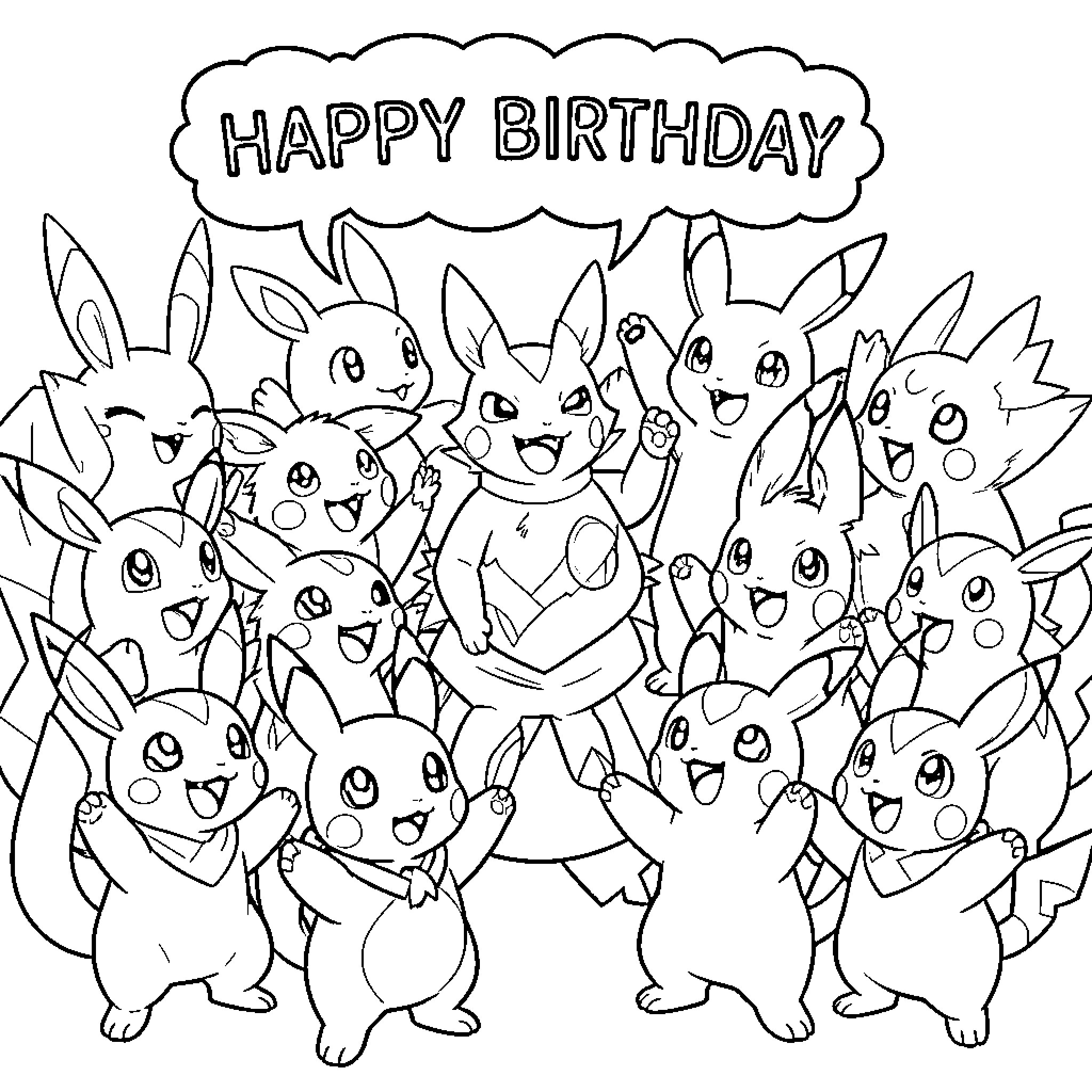 Pokémon celebrating a happy birthday together in a group Coloring Page (free black-and-white line drawing printable PDF for all, from beginners to advanced learners, including children, teens, adults, and seniors)