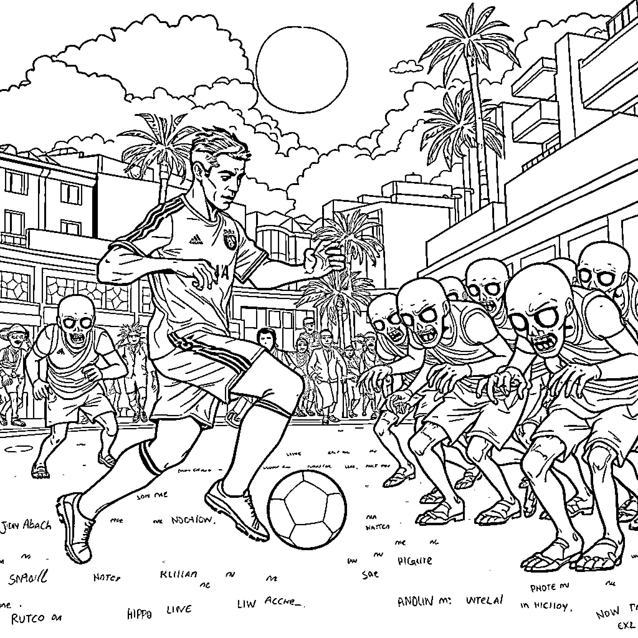Ronaldo playing soccer with fans in a tropical setting Coloring Page (free black-and-white line drawing printable PDF for all, from beginners to advanced learners, including children, teens, adults, and seniors)