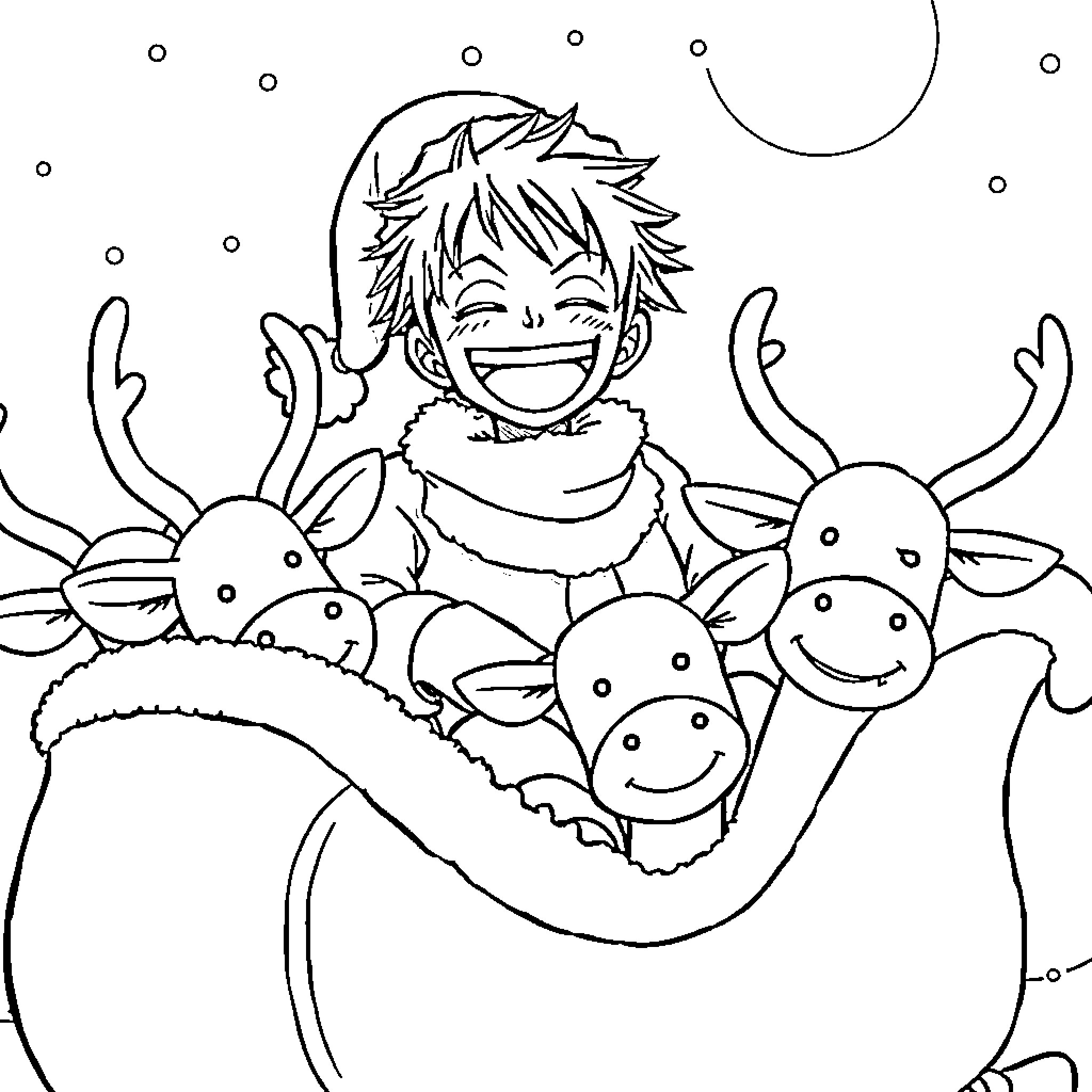 Luffy Enjoying the Playful Company of Creatures Coloring Page (free black-and-white line drawing printable PDF for all, from beginners to advanced learners, including children, teens, adults, and seniors)
