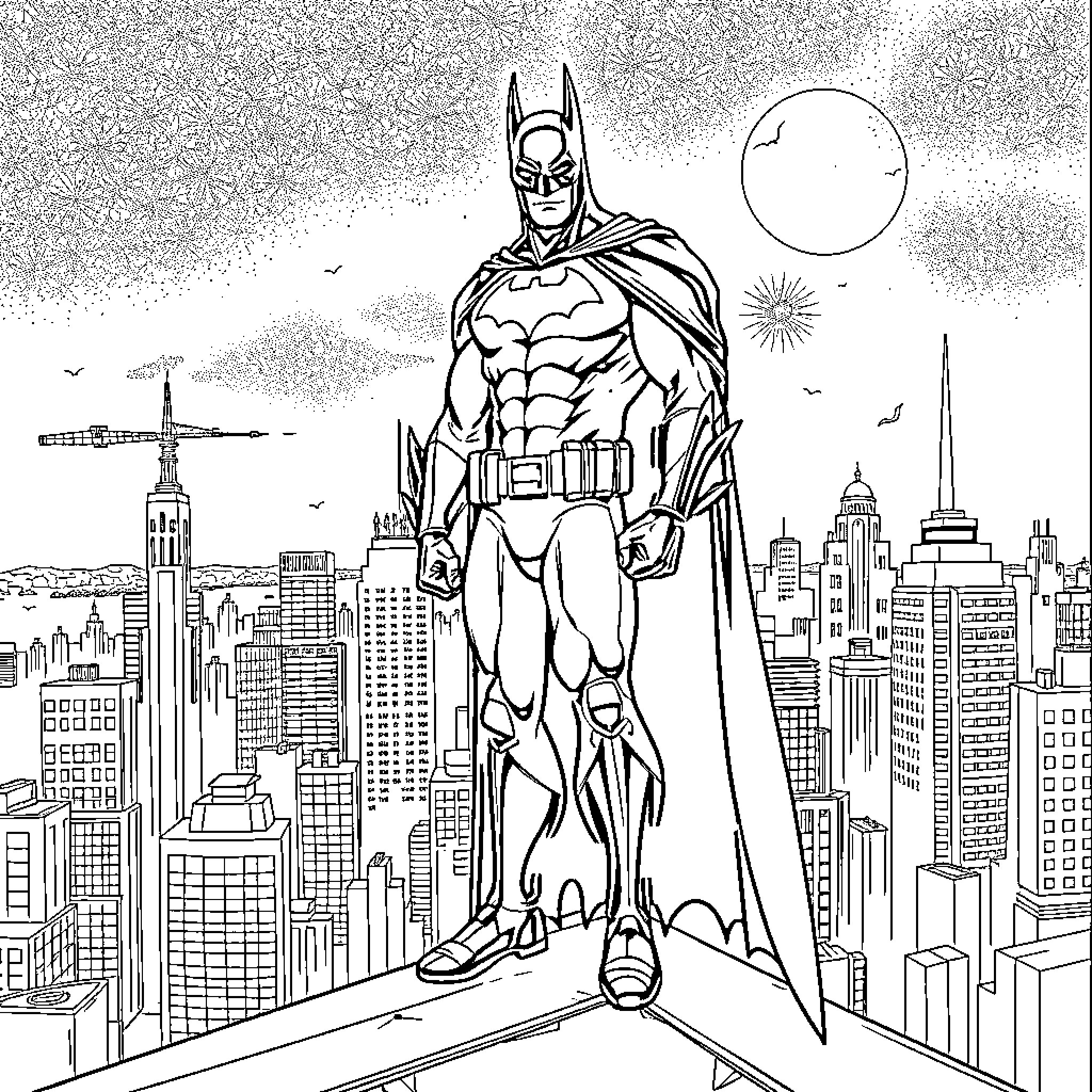Batman surveying the city from the rooftop Coloring Page (free black-and-white line drawing printable PDF for all, from beginners to advanced learners, including children, teens, adults, and seniors)