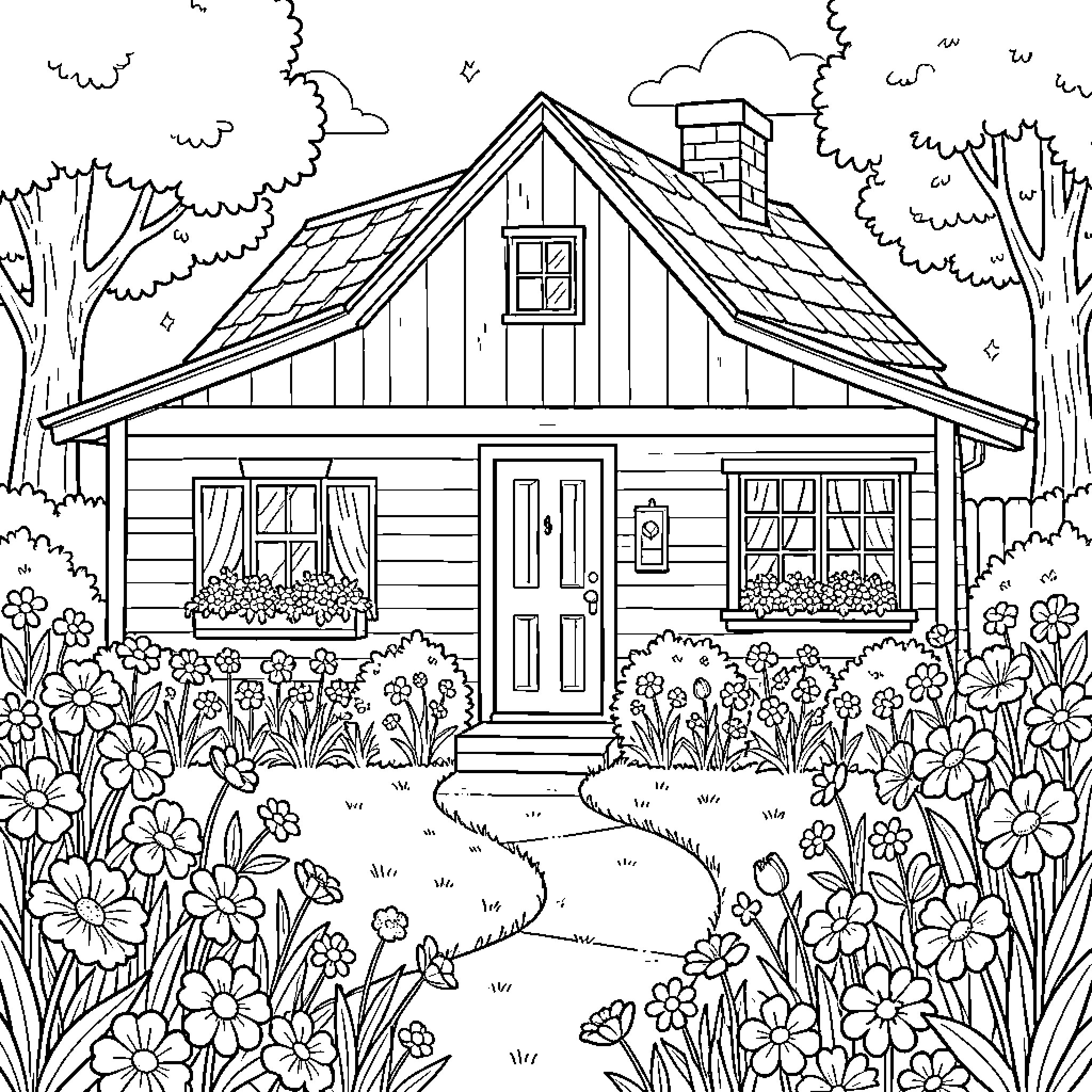 House surrounded by a colorful flower garden Coloring Page (free black-and-white line drawing printable PDF for all, from beginners to advanced learners, including children, teens, adults, and seniors)