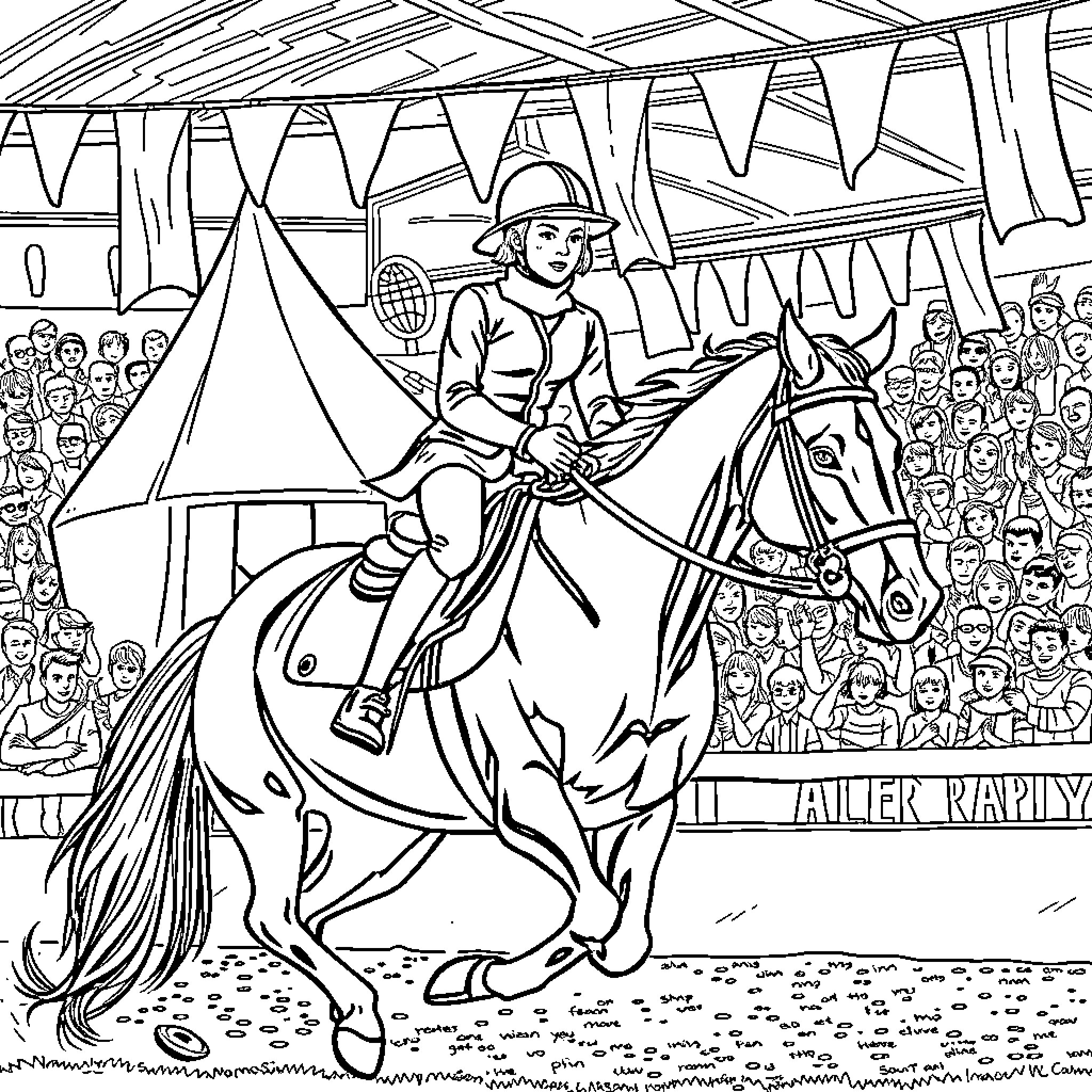 Person performing horse riding demonstration in an arena Coloring Page (free black-and-white line drawing printable PDF for all, from beginners to advanced learners, including children, teens, adults, and seniors)