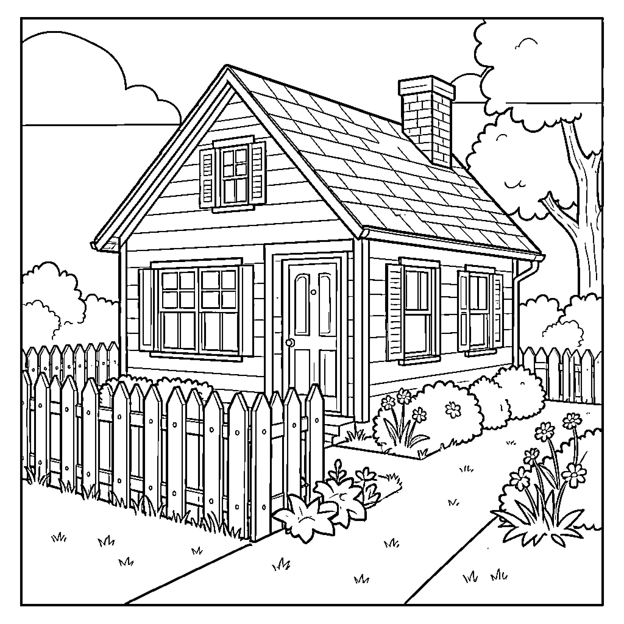 House with Charming Cottage Exterior and Peaceful Surroundings Coloring Page (free black-and-white line drawing printable PDF for all, from beginners to advanced learners, including children, teens, adults, and seniors)