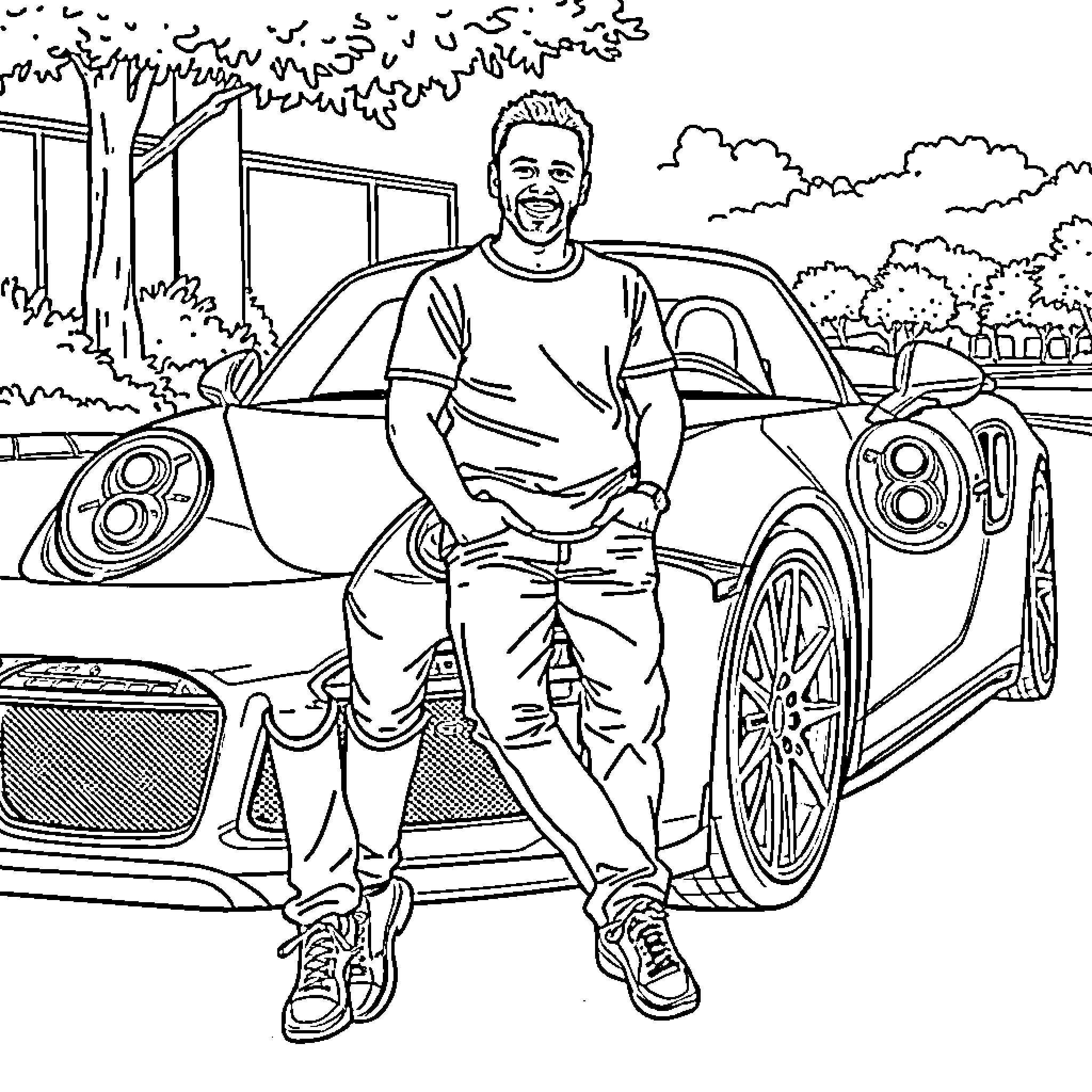 Stephen Curry posing confidently next to a sports car Coloring Page (free black-and-white line drawing printable PDF for all, from beginners to advanced learners, including children, teens, adults, and seniors)