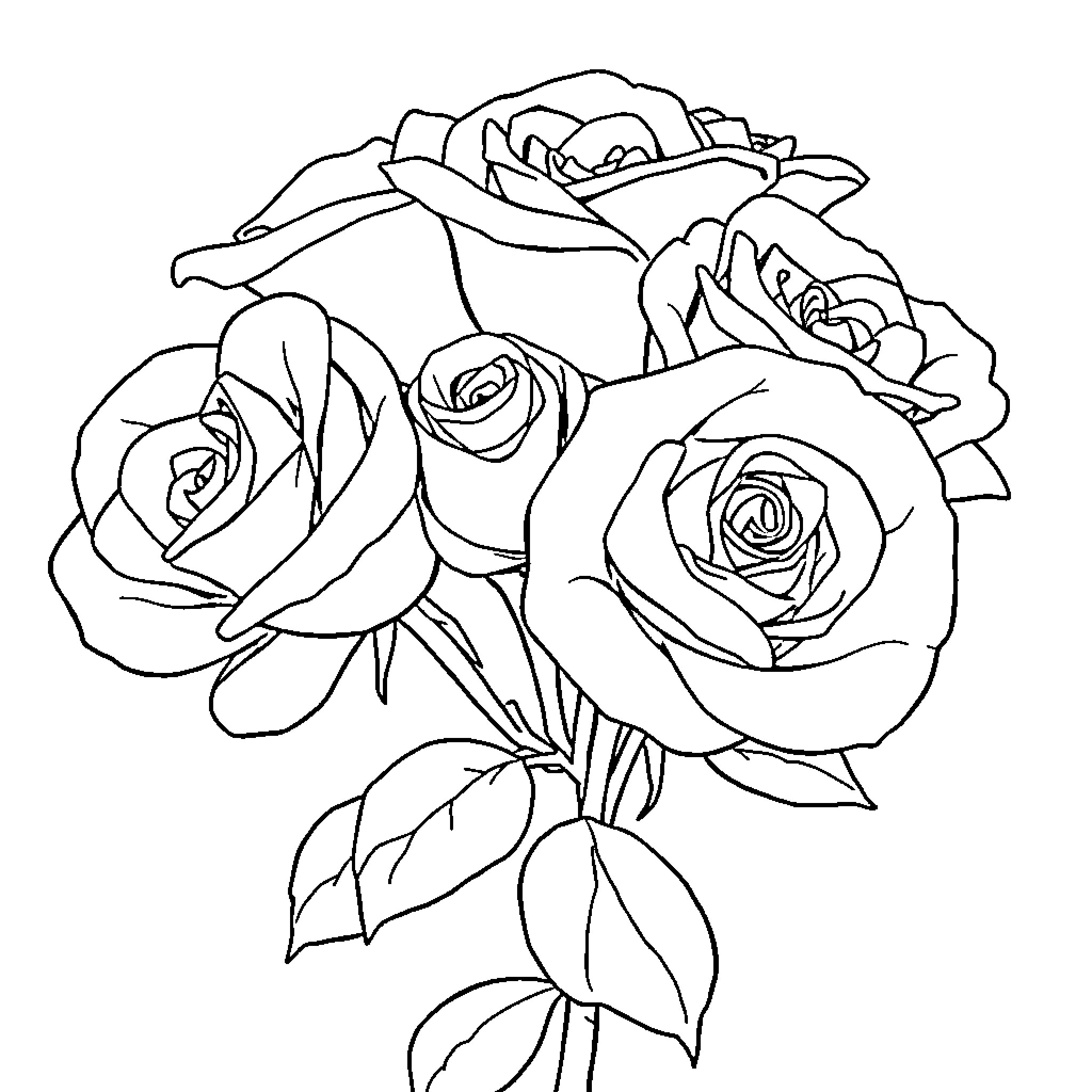 Rose bouquet with elegant floral arrangement Coloring Page (free black-and-white line drawing printable PDF for all, from beginners to advanced learners, including children, teens, adults, and seniors)