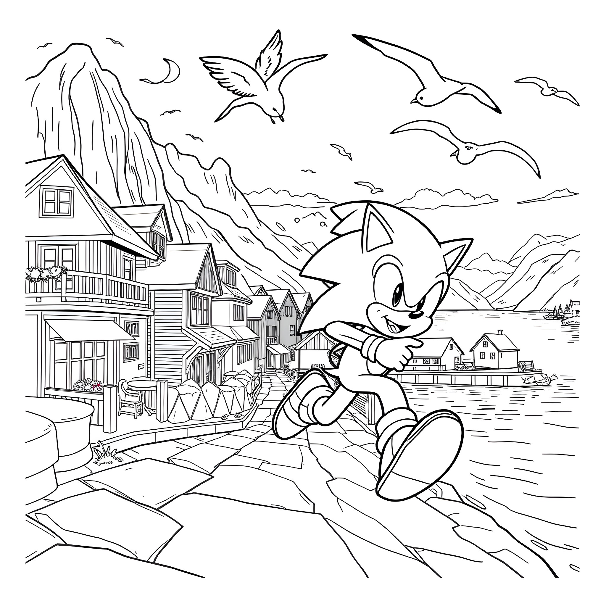 Sonic running along the coastal town Coloring Page (free black-and-white line drawing printable PDF for all, from beginners to advanced learners, including children, teens, adults, and seniors)