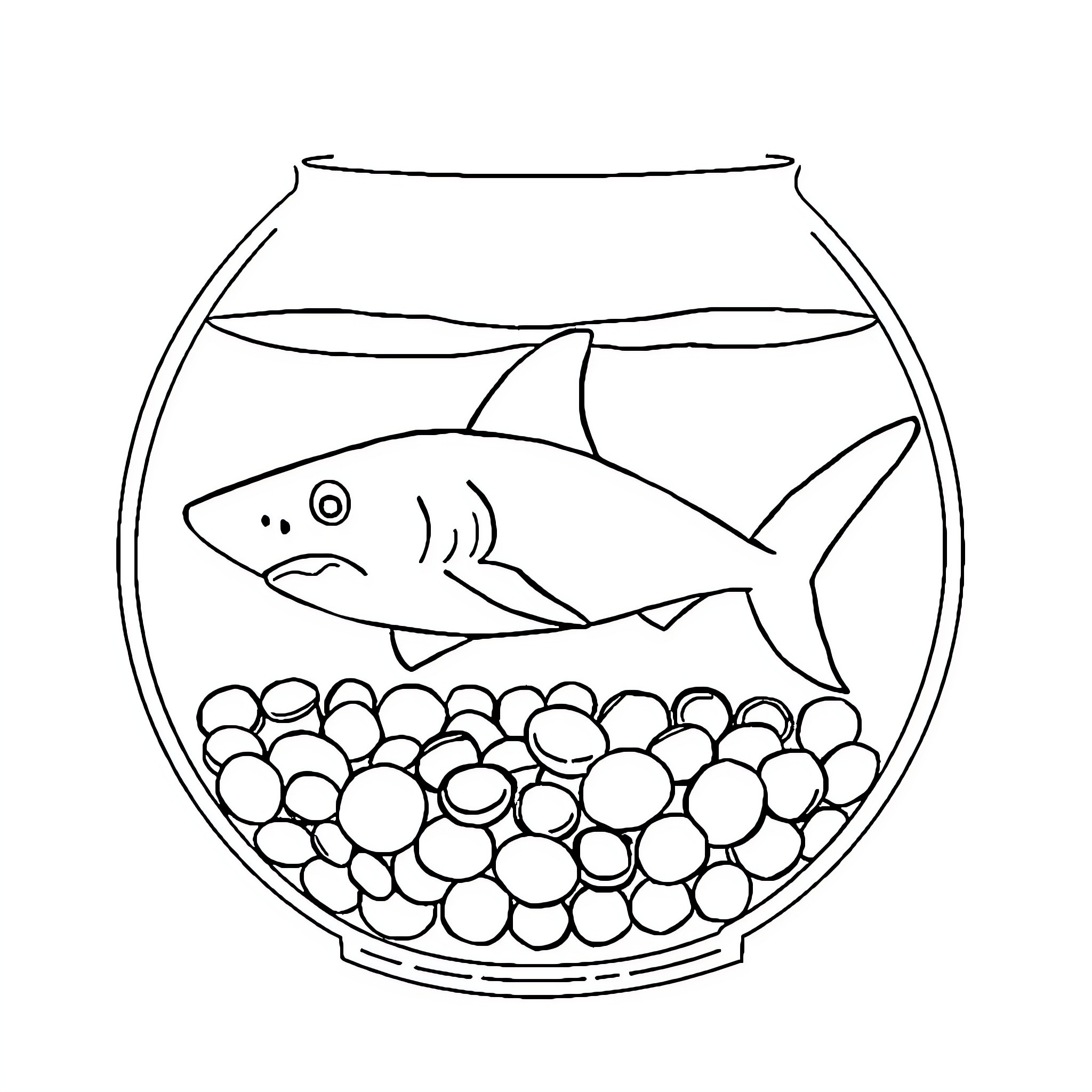 Shark swimming in fishbowl Coloring Page (free black-and-white line drawing printable PDF for all, from beginners to advanced learners, including children, teens, adults, and seniors)