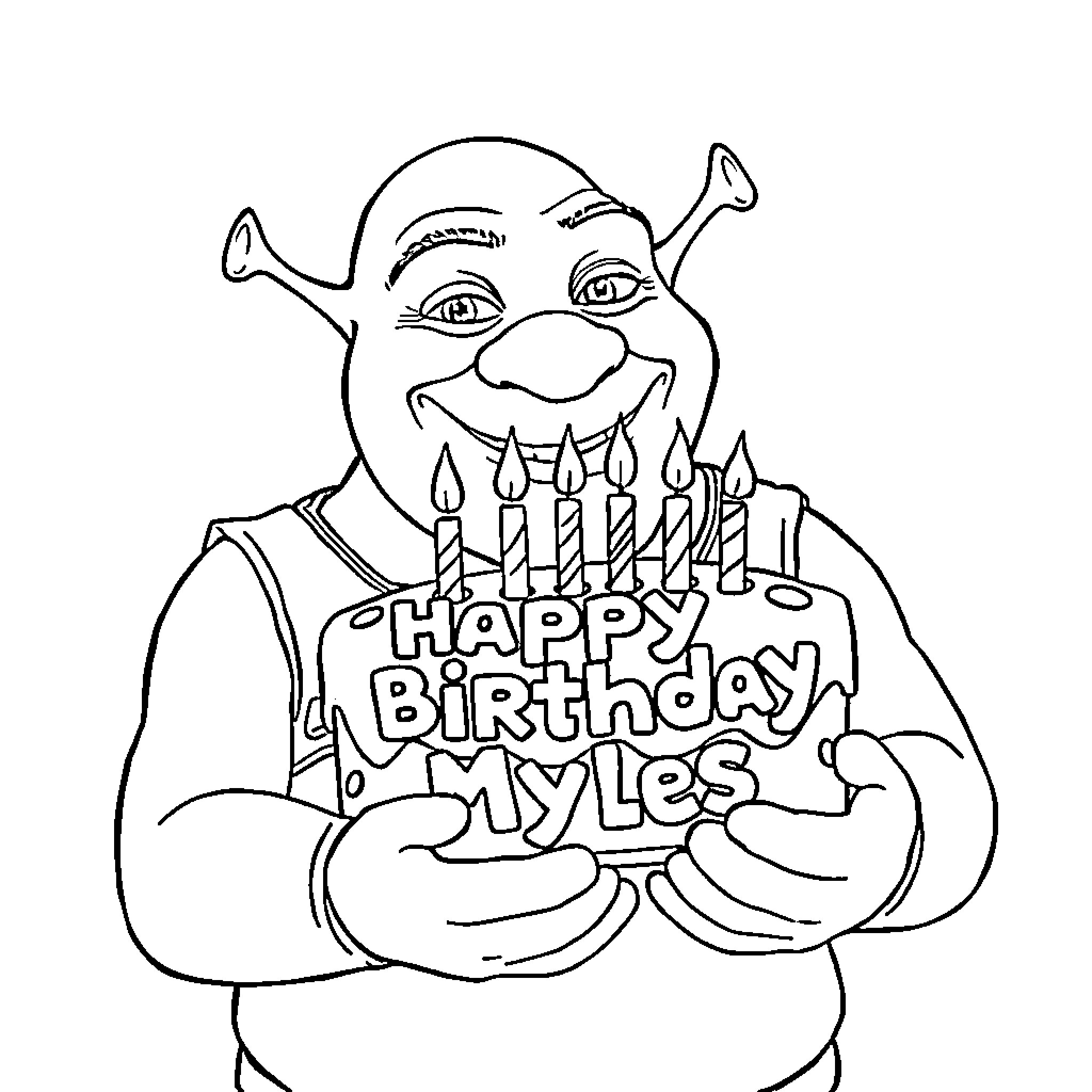 Shrek celebrates a birthday Coloring Page (free black-and-white line drawing printable PDF for all, from beginners to advanced learners, including children, teens, adults, and seniors)