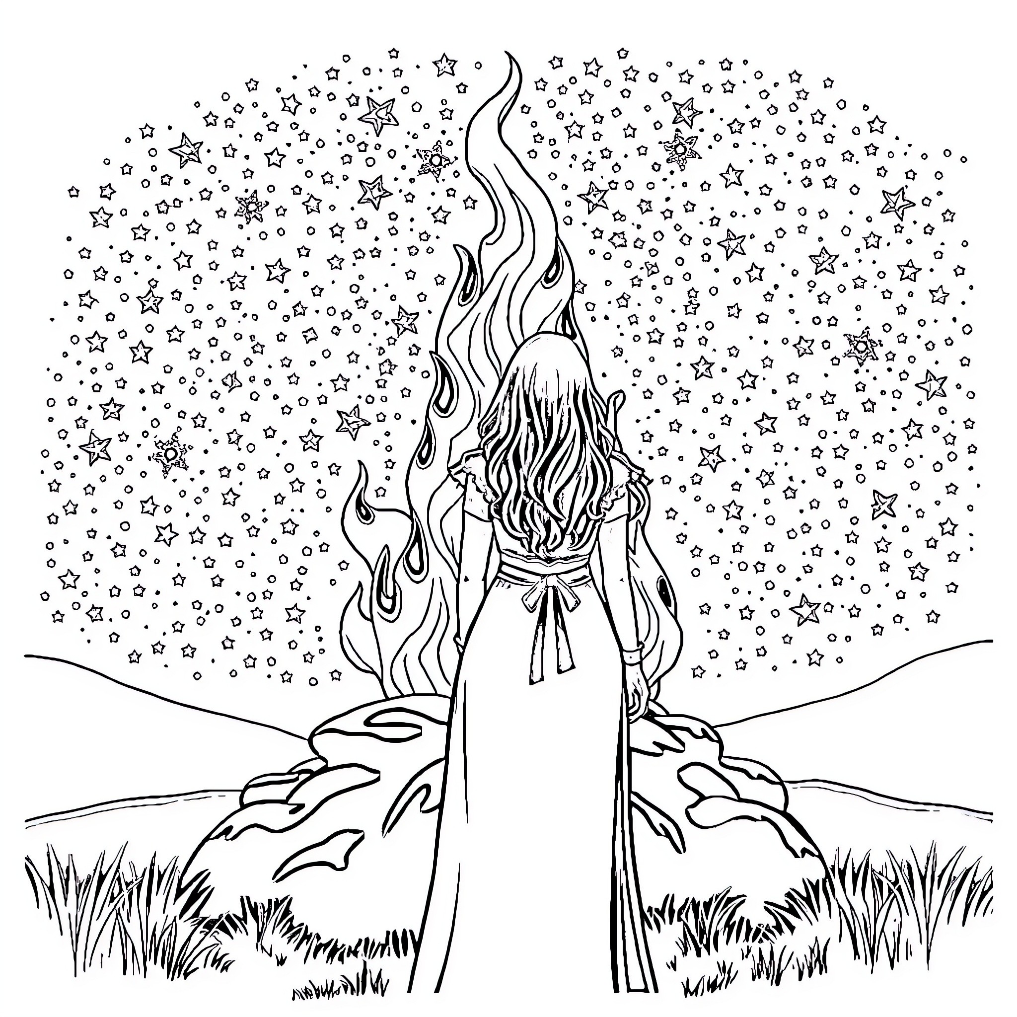 Woman admiring the starry night sky Coloring Page (free black-and-white line drawing printable PDF for all, from beginners to advanced learners, including children, teens, adults, and seniors)