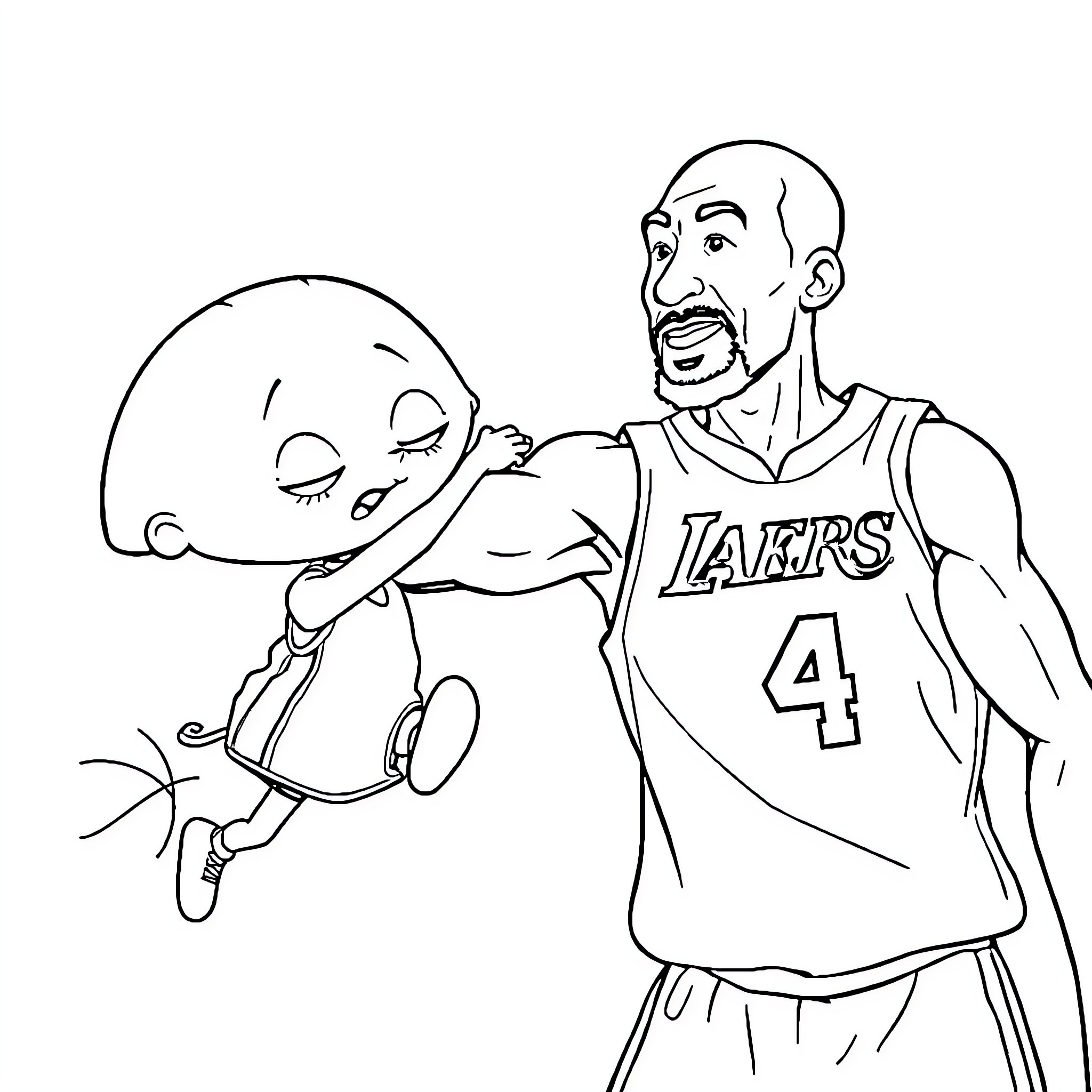 Stewie and basketball player in Lakers jersey Coloring Page (free black-and-white line drawing printable PDF for all, from beginners to advanced learners, including children, teens, adults, and seniors)