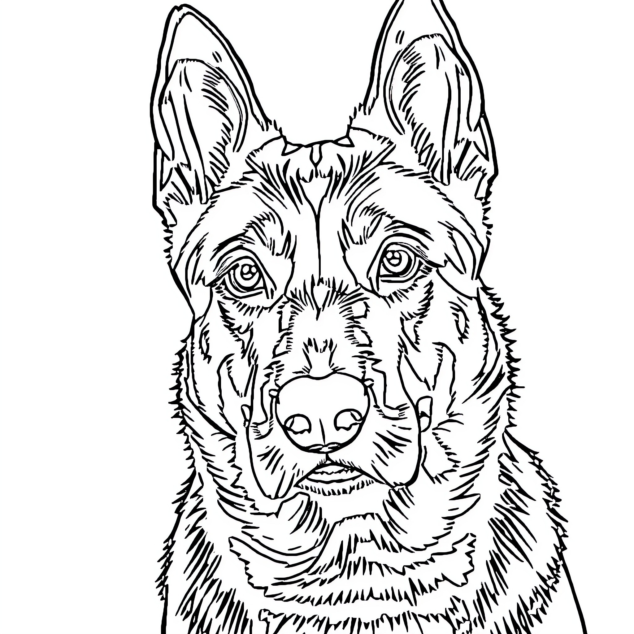 Belgium Malinois canine portrait Coloring Page (free black-and-white line drawing printable PDF for all, from beginners to advanced learners, including children, teens, adults, and seniors)