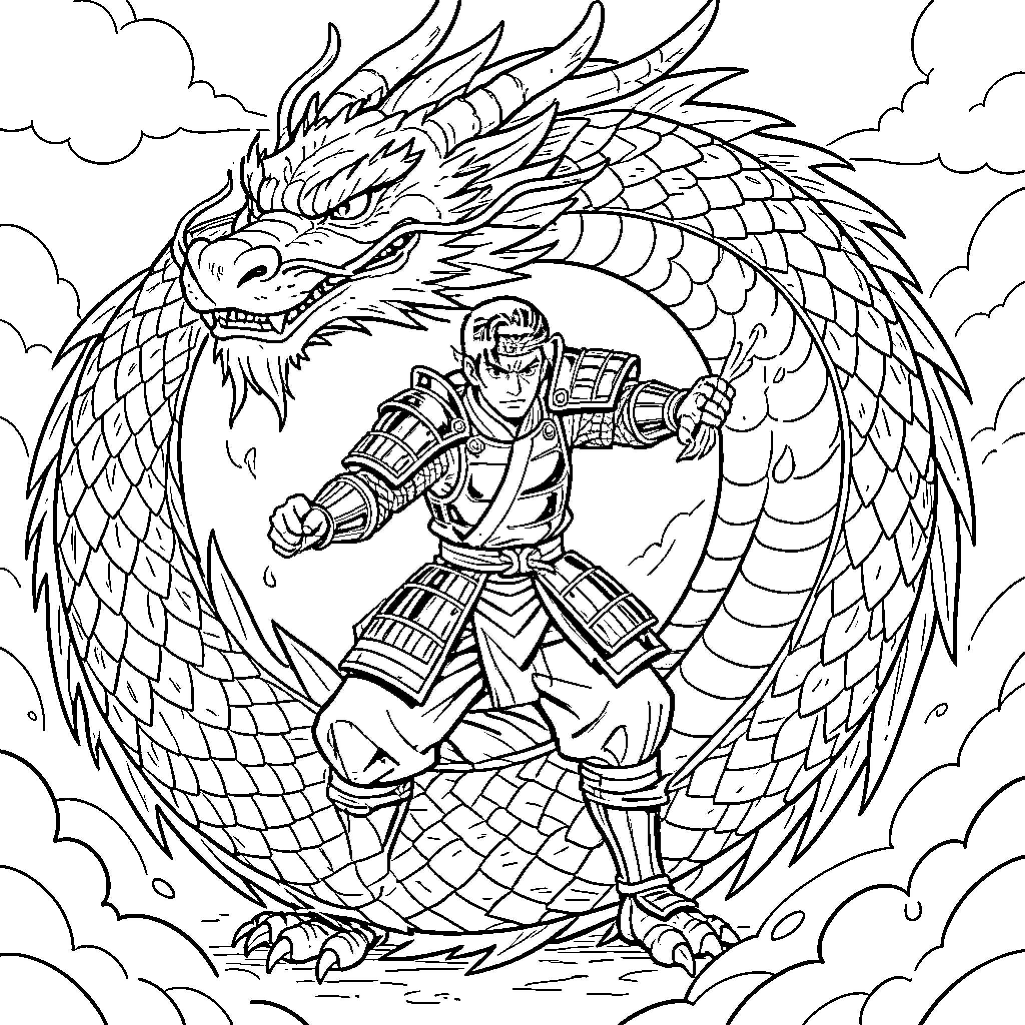 Samurai warrior battles mighty dragon in the sky Coloring Page (free black-and-white line drawing printable PDF for all, from beginners to advanced learners, including children, teens, adults, and seniors)