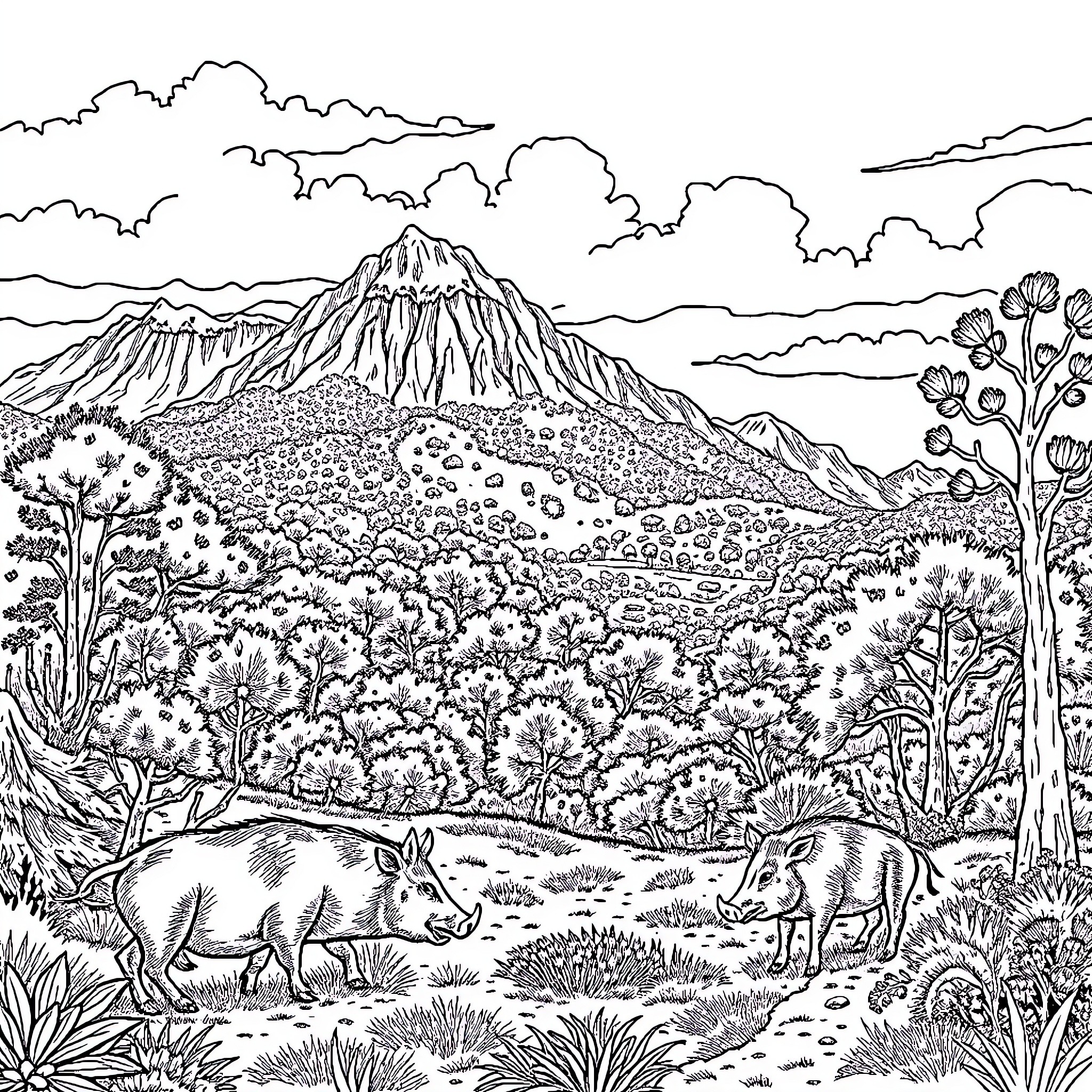 Wild Boar roaming in a mountainous landscape Coloring Page (free black-and-white line drawing printable PDF for all, from beginners to advanced learners, including children, teens, adults, and seniors)