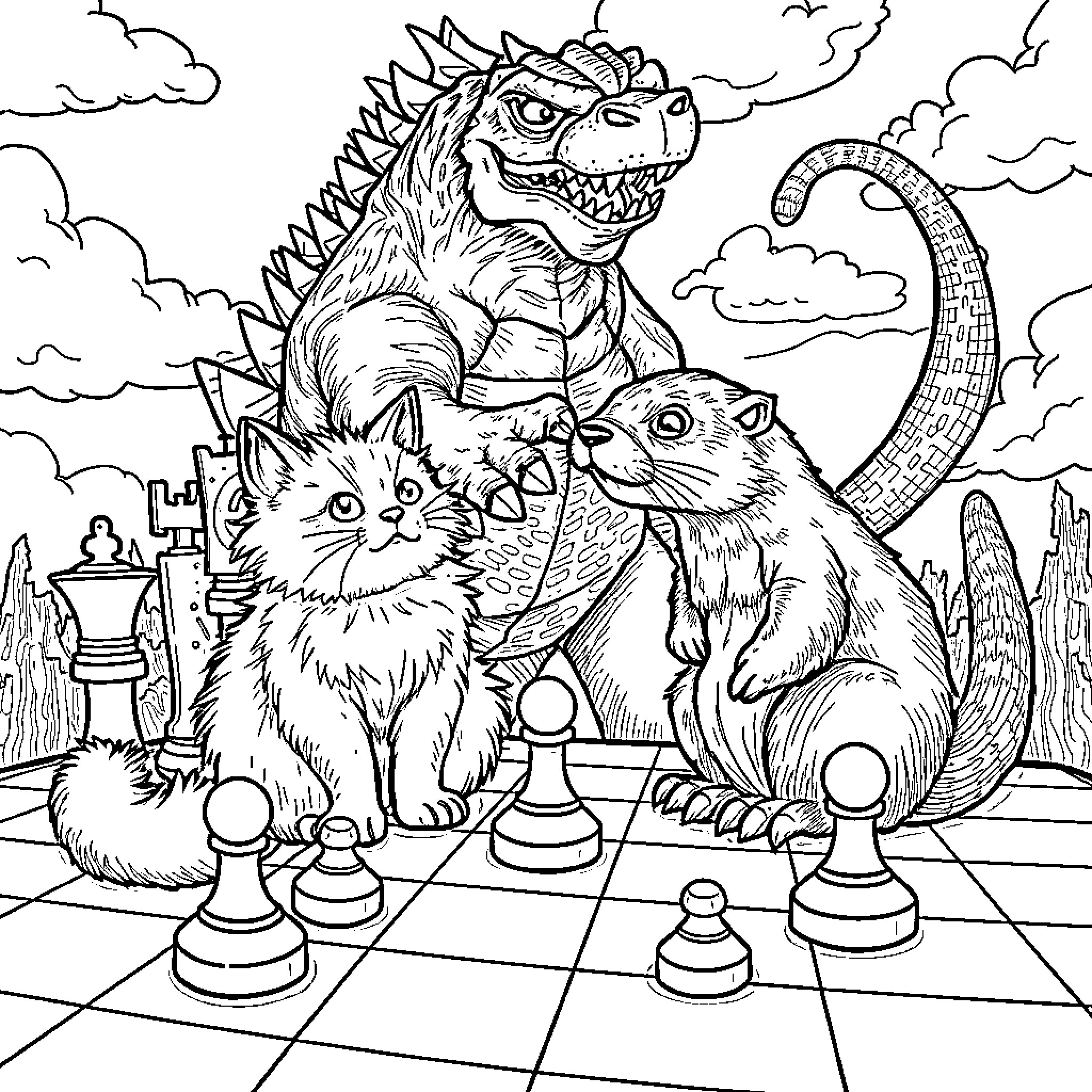 Cat and Friends in an Imaginative Landscape Coloring Page (free black-and-white line drawing printable PDF for all, from beginners to advanced learners, including children, teens, adults, and seniors)