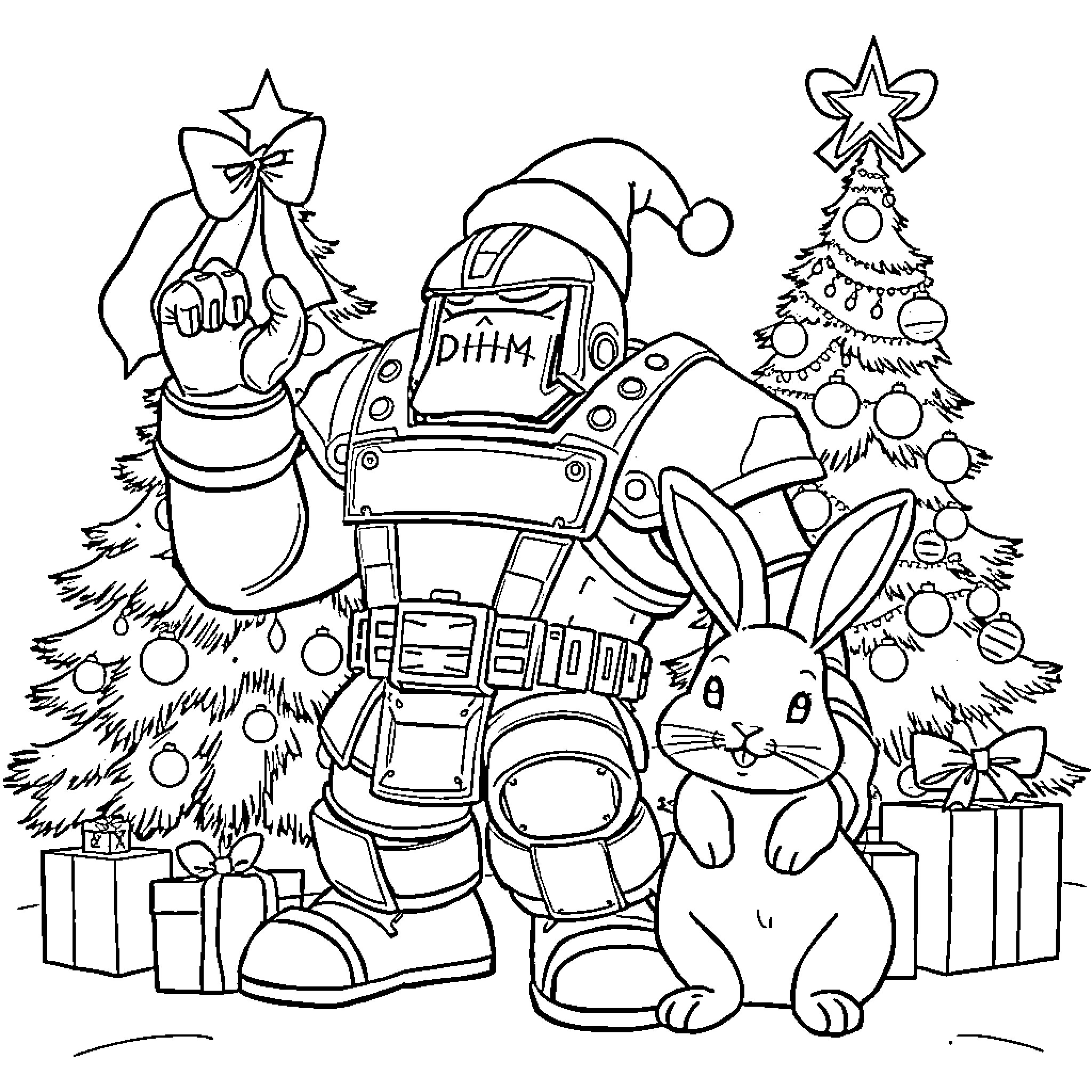 Doom Guy's Festive Adventure with Christmas Decor Coloring Page (free black-and-white line drawing printable PDF for all, from beginners to advanced learners, including children, teens, adults, and seniors)