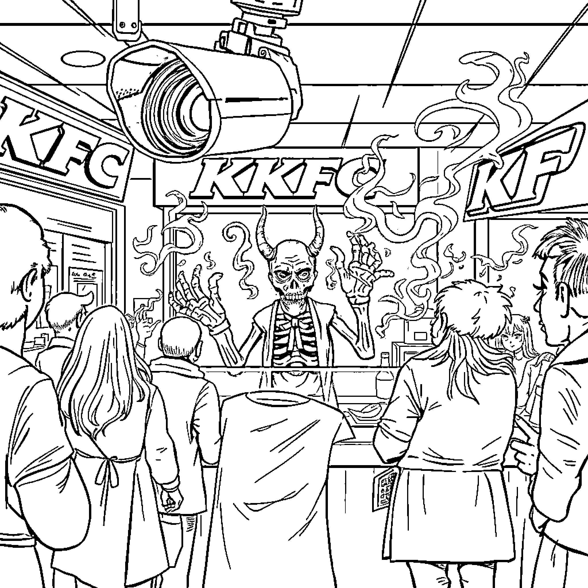 Archlich Gathering Amid Chaos and Mystery Coloring Page (free black-and-white line drawing printable PDF for all, from beginners to advanced learners, including children, teens, adults, and seniors)