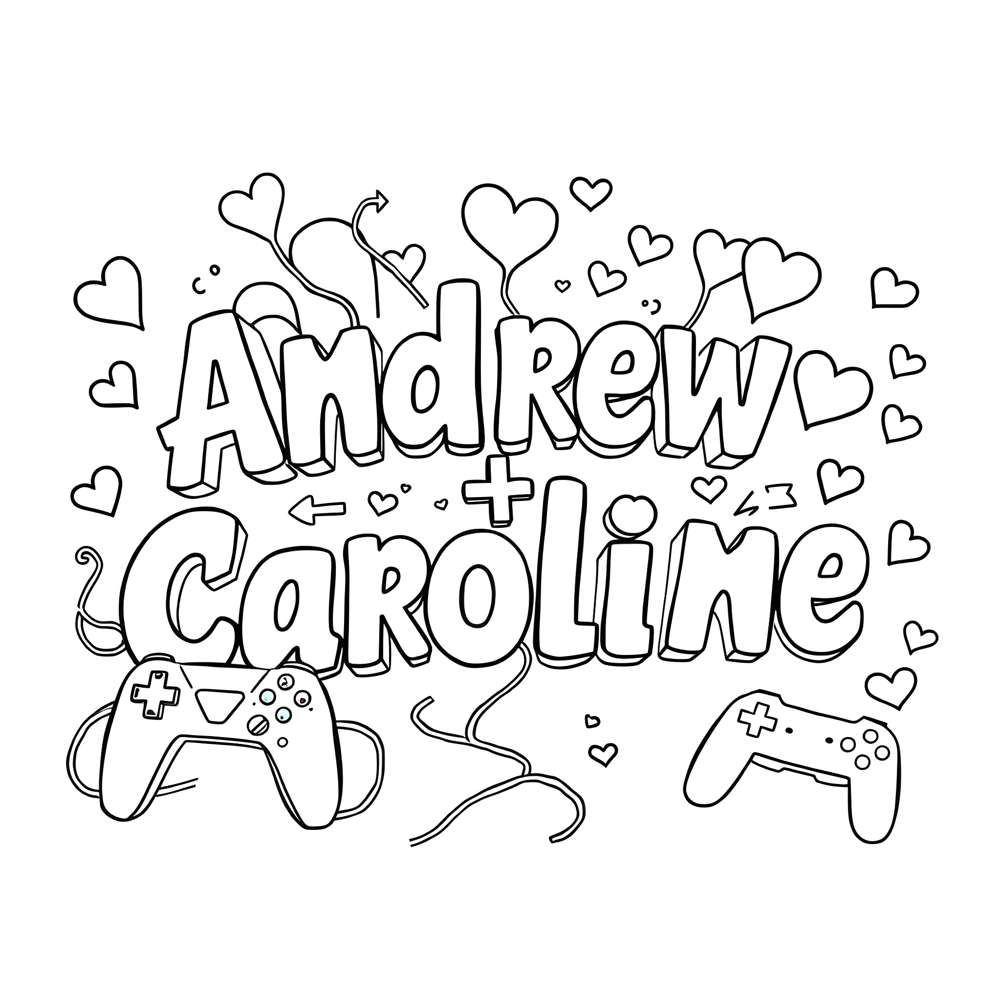 Bubble Letter Gamepad and Controllers with Hearts Coloring Page (free black-and-white line drawing printable PDF for all, from beginners to advanced learners, including children, teens, adults, and seniors)