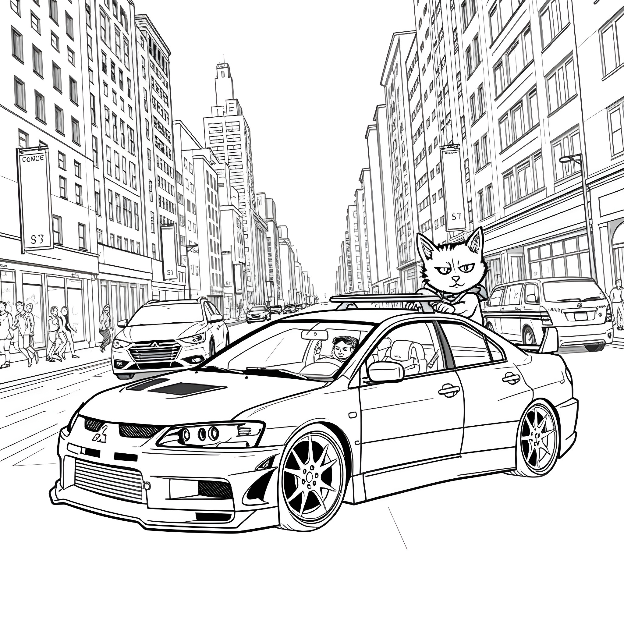 Cat observing busy city street from car Coloring Page (free black-and-white line drawing printable PDF for all, from beginners to advanced learners, including children, teens, adults, and seniors)