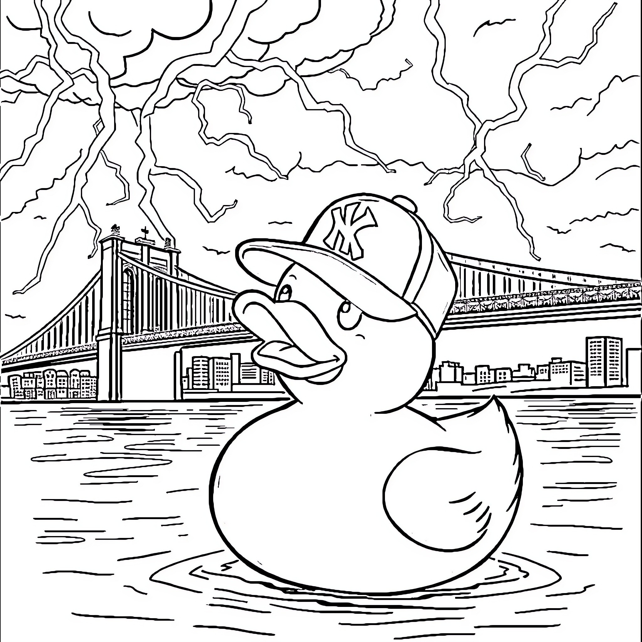 Rubber Duck Baseball Player in the City Coloring Page (free black-and-white line drawing printable PDF for all, from beginners to advanced learners, including children, teens, adults, and seniors)