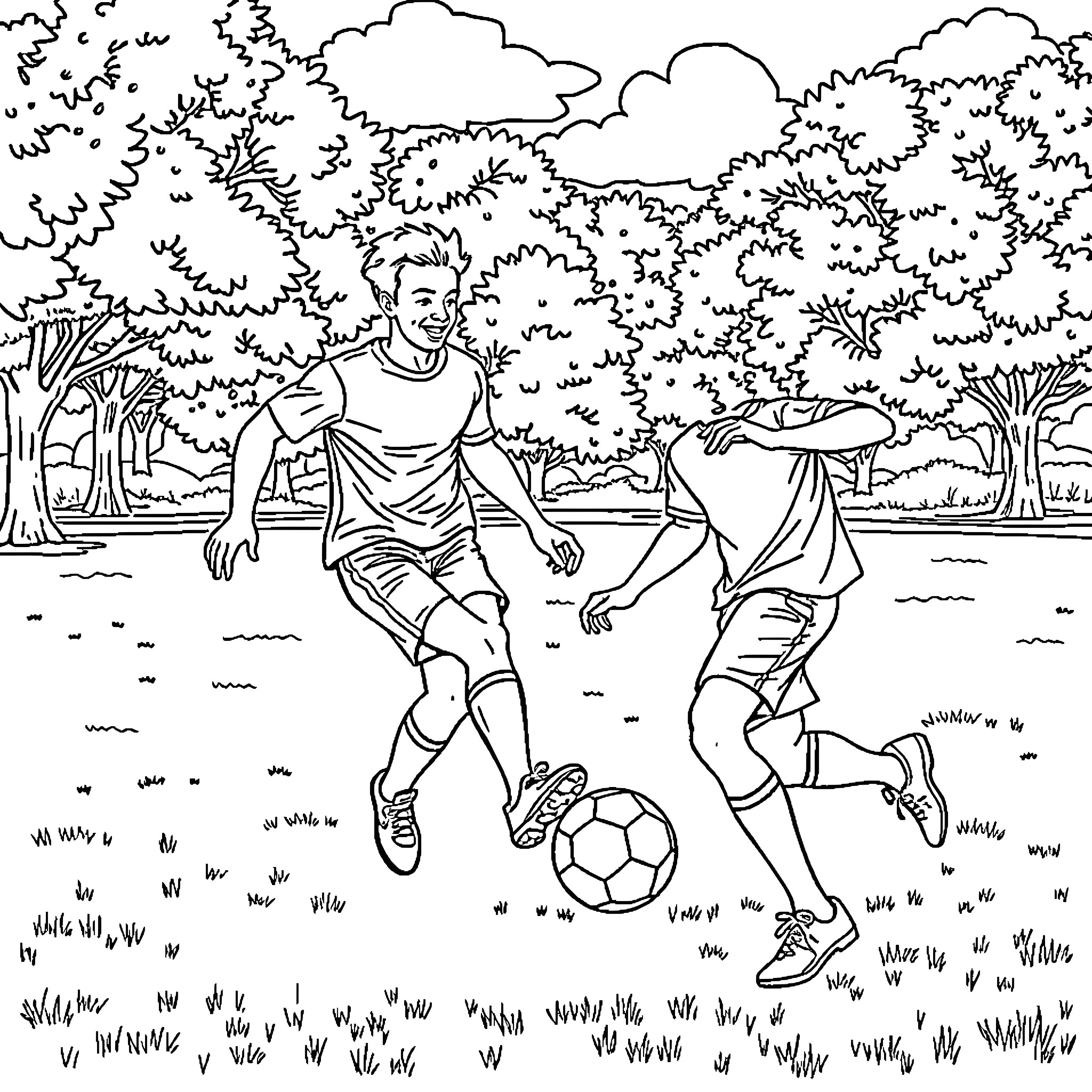 Hamilton playing soccer with friend in park Coloring Page (free black-and-white line drawing printable PDF for all, from beginners to advanced learners, including children, teens, adults, and seniors)